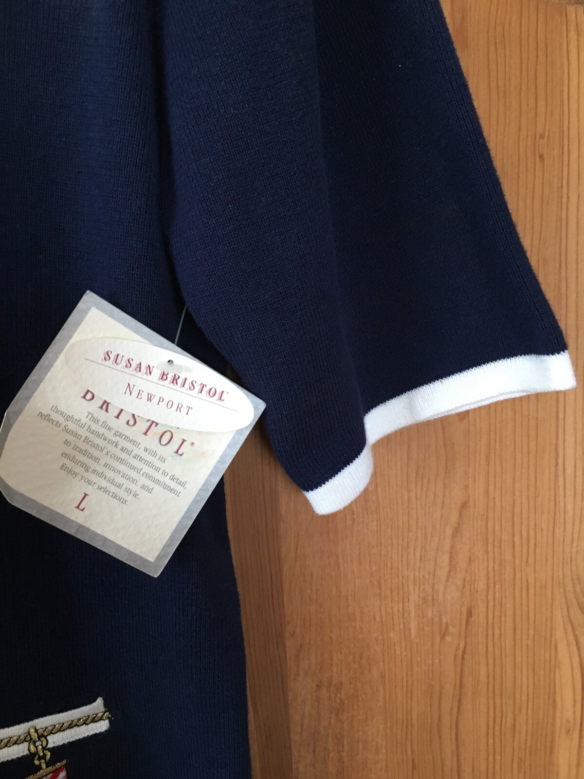 Vtg 1992 Susan Bristol Set Navy Blue Pleated Skirt & Button Top Knit Sweater Top
