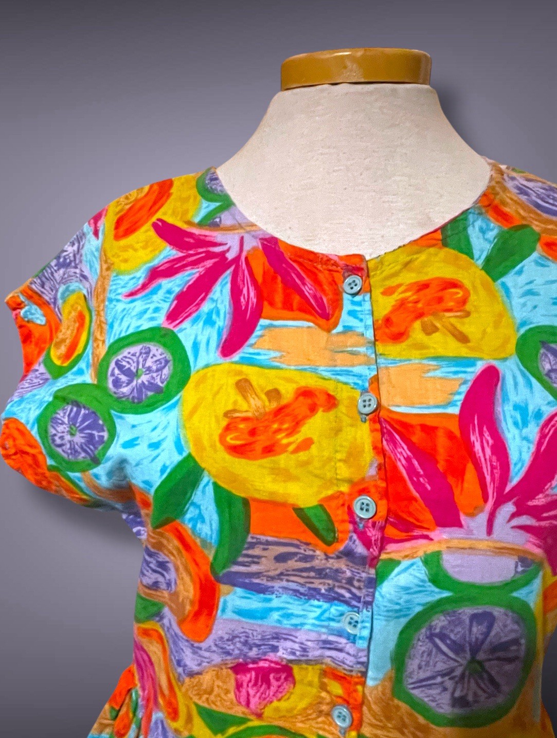 1990’s Bright Rainbow Flower & Fruit Pattern Button Bust Pocket Dress