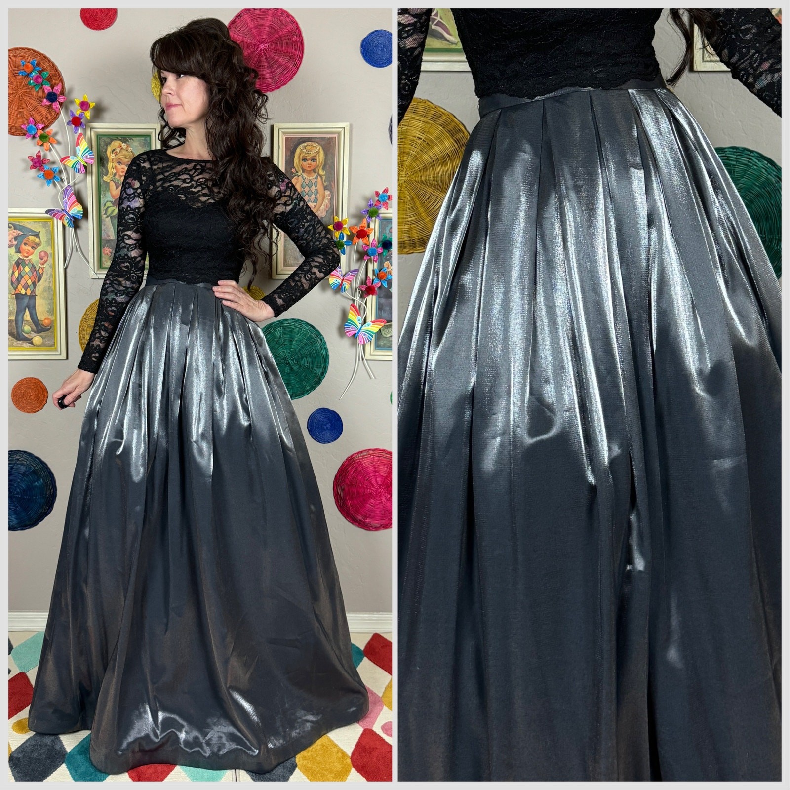 Vintage Y2K Metallic Silver High Waist Pleated Formal Ball Skirt | 28″ Waist