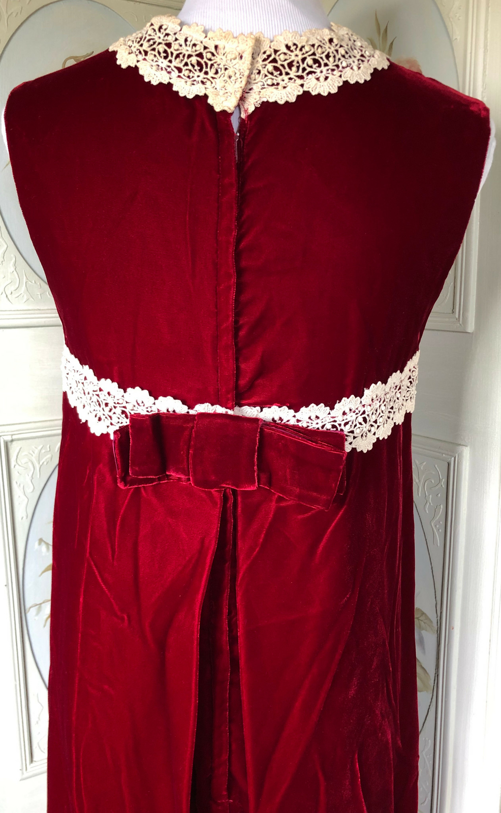 VTG 60s RUBY BLOOD RED VELVET IVORY LACE MAXI DRESS SLEEVELESS BOHO HIPPIE EUC