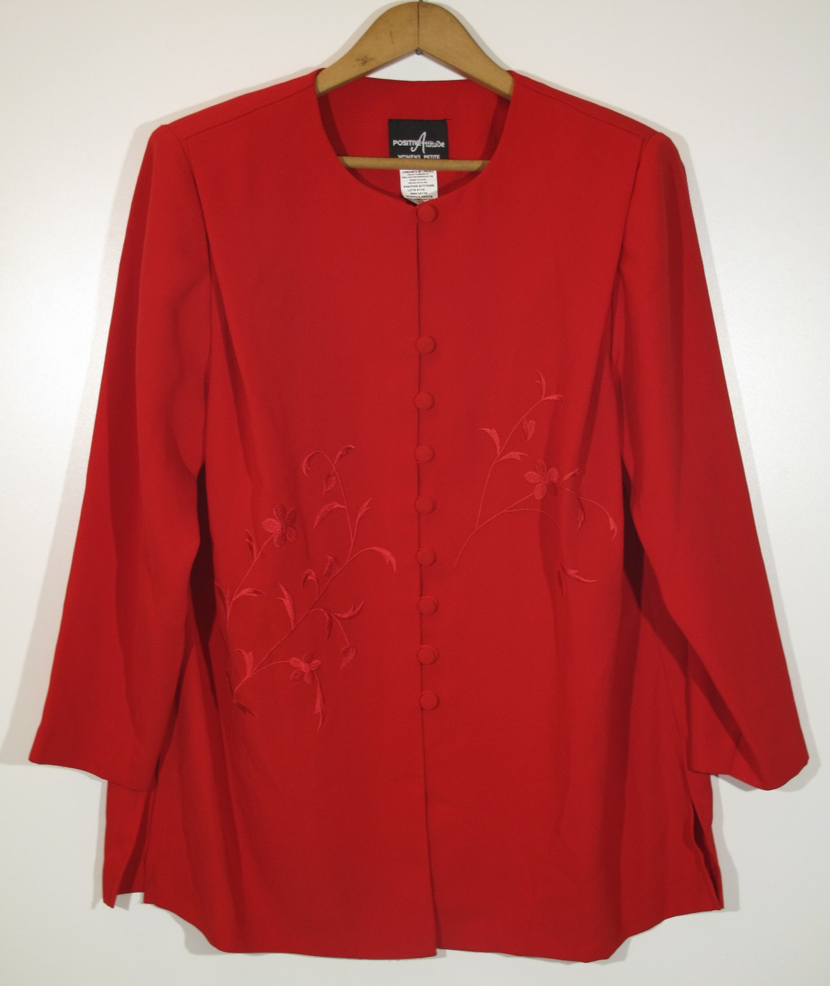 Vtg 1990s Postive Attitude Womens Sz 16P Blouse Tunic Red Embroidered Floral USA