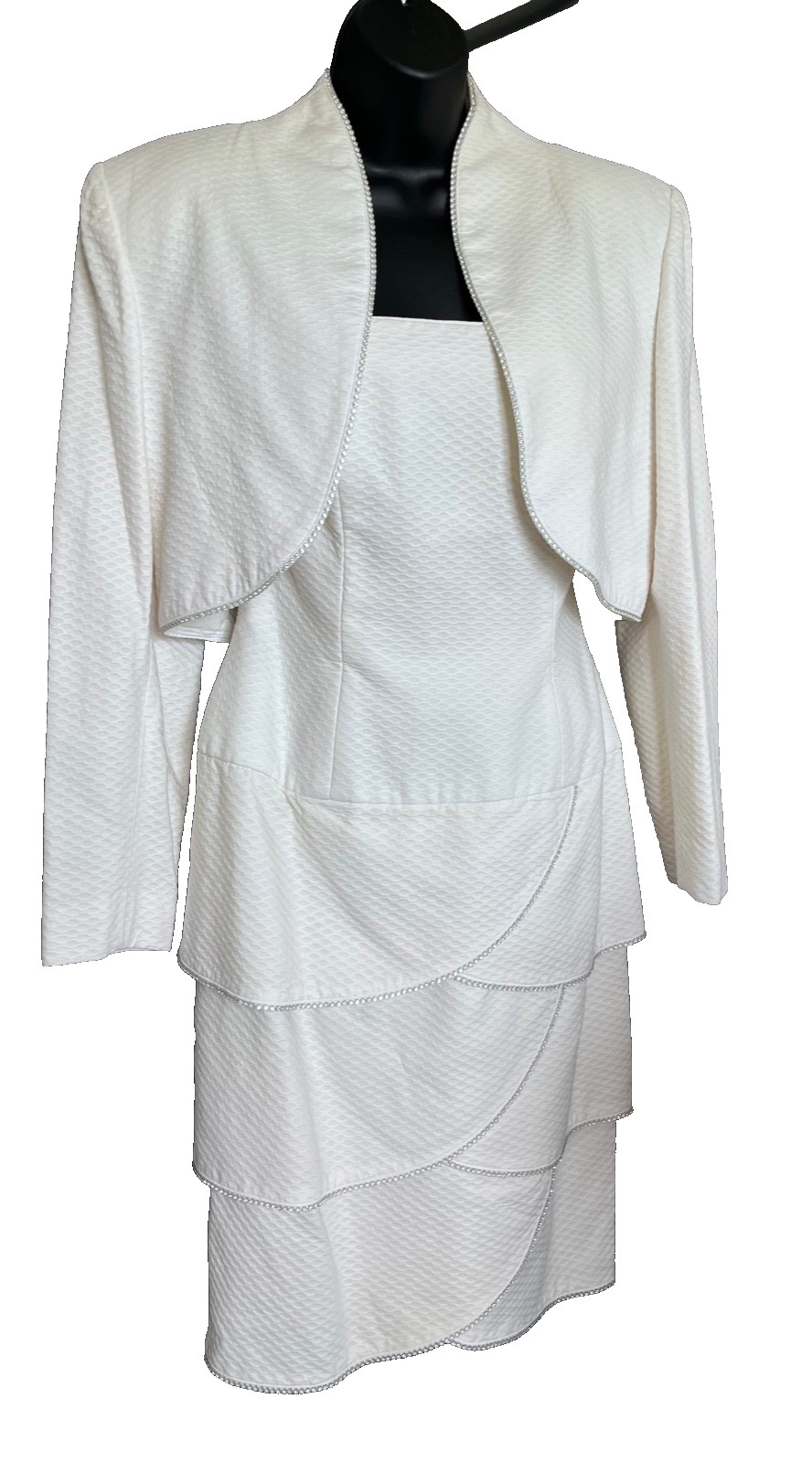 Vintage 2-Piece Ivory Bolero Dress Suit by Lillie Rubin Rhinestone trim Size 10