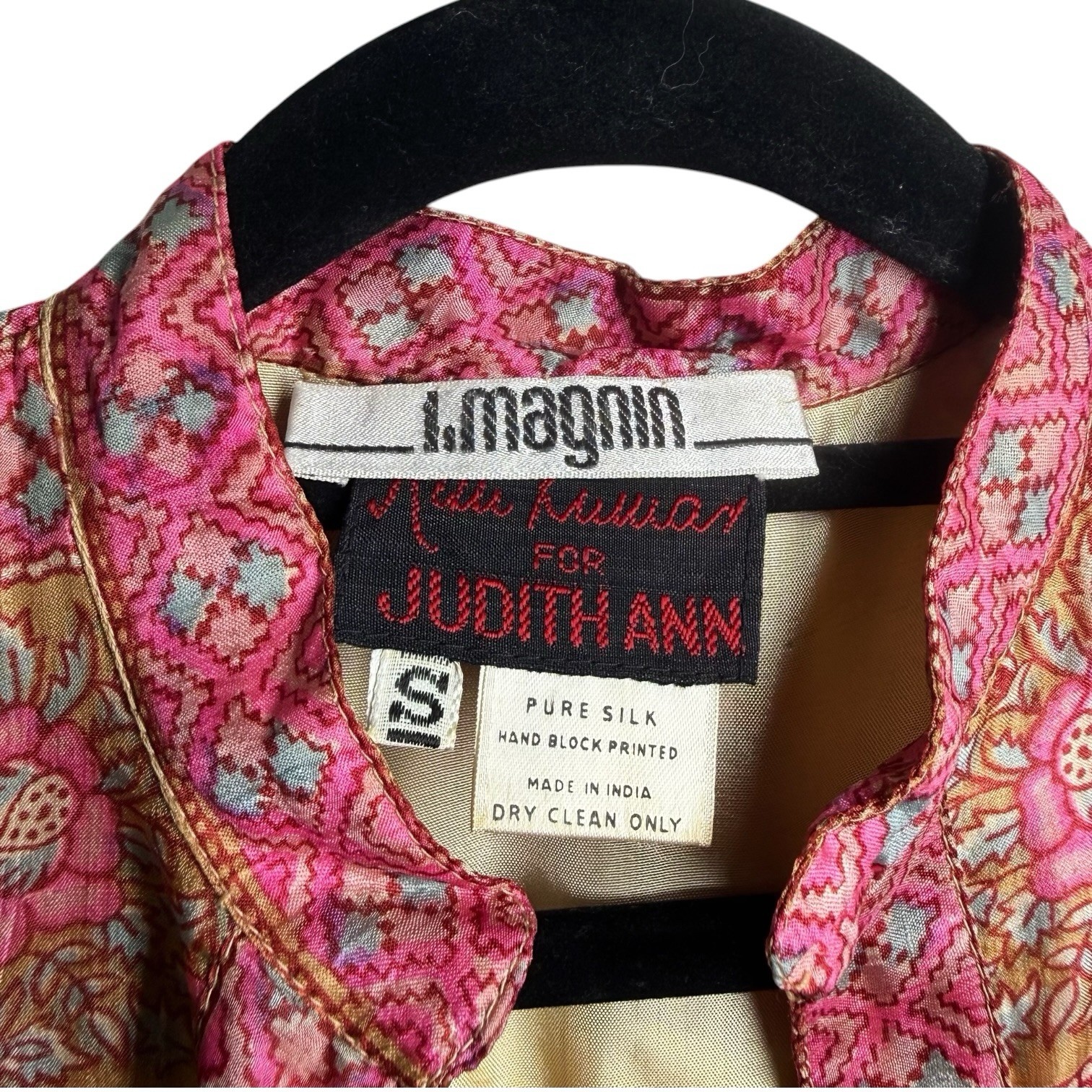 70s Vintage Ritu Kumar Judith Ann I Magnin Pink Silk Block Printed Boho Dress S