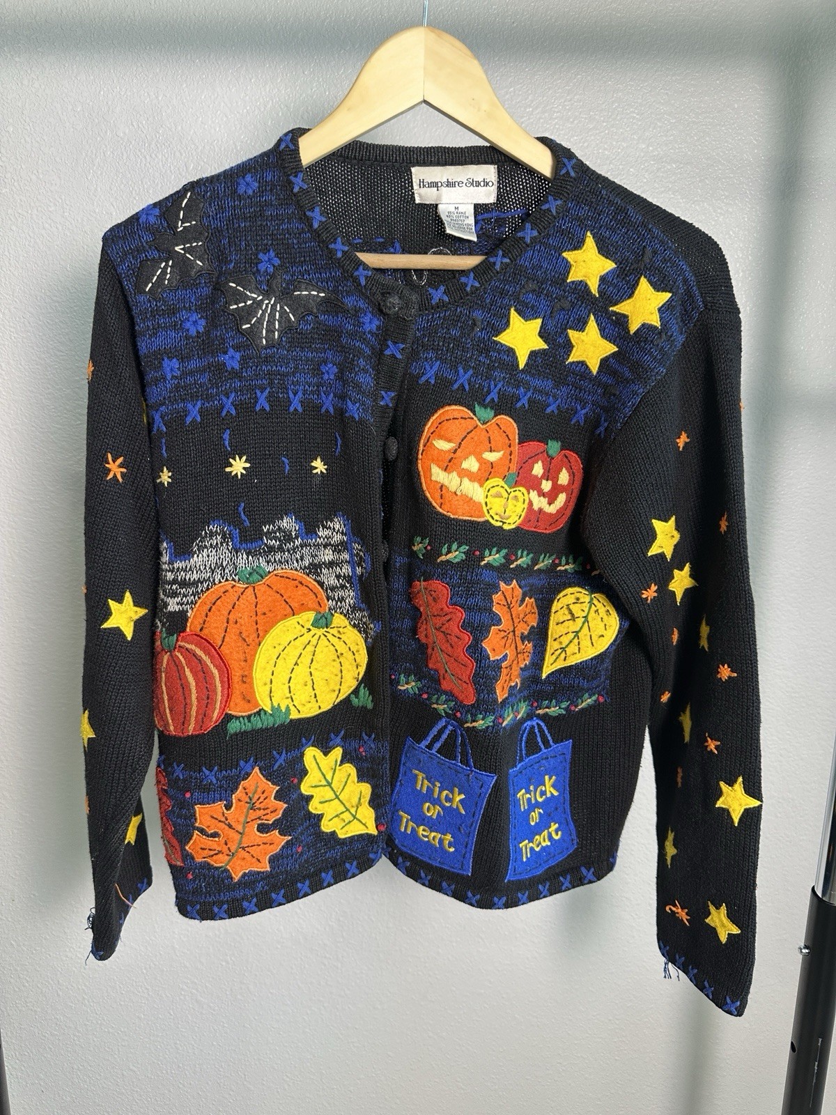 Hampshire Studio, Halloween Cardigan Sweater Medium With Pumpkins, Leaves, Stars