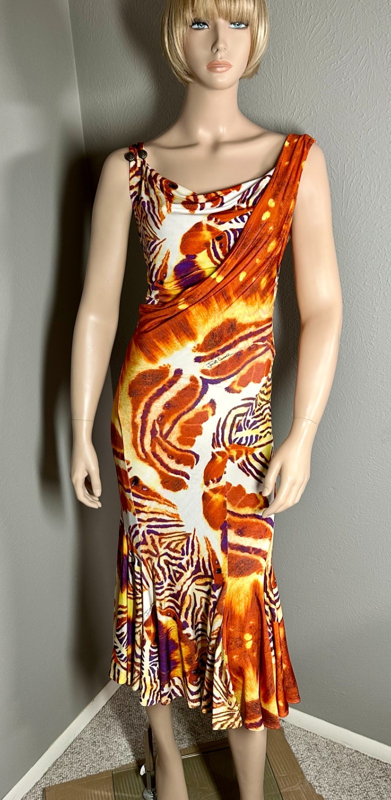 Vtg Just Cavalli Tiger Butterfly Knit Asymmetrical Midi Dress Size 42 Body Con