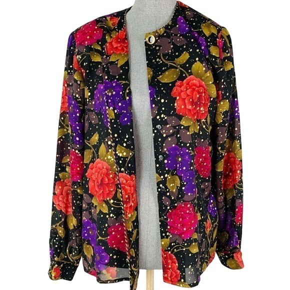 Vintage Shirt Women’s 8 Celestial Floral Metallic Gold Dot Corded Button Down