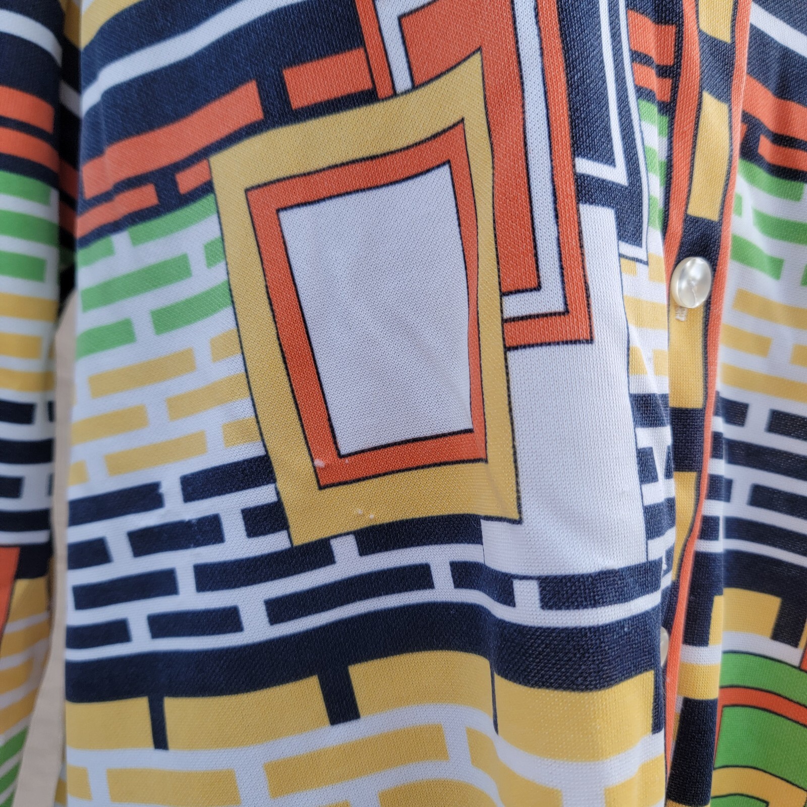 Vintage Polyester Top, Bright Geometric Rectangle Print, Green Orange Brown