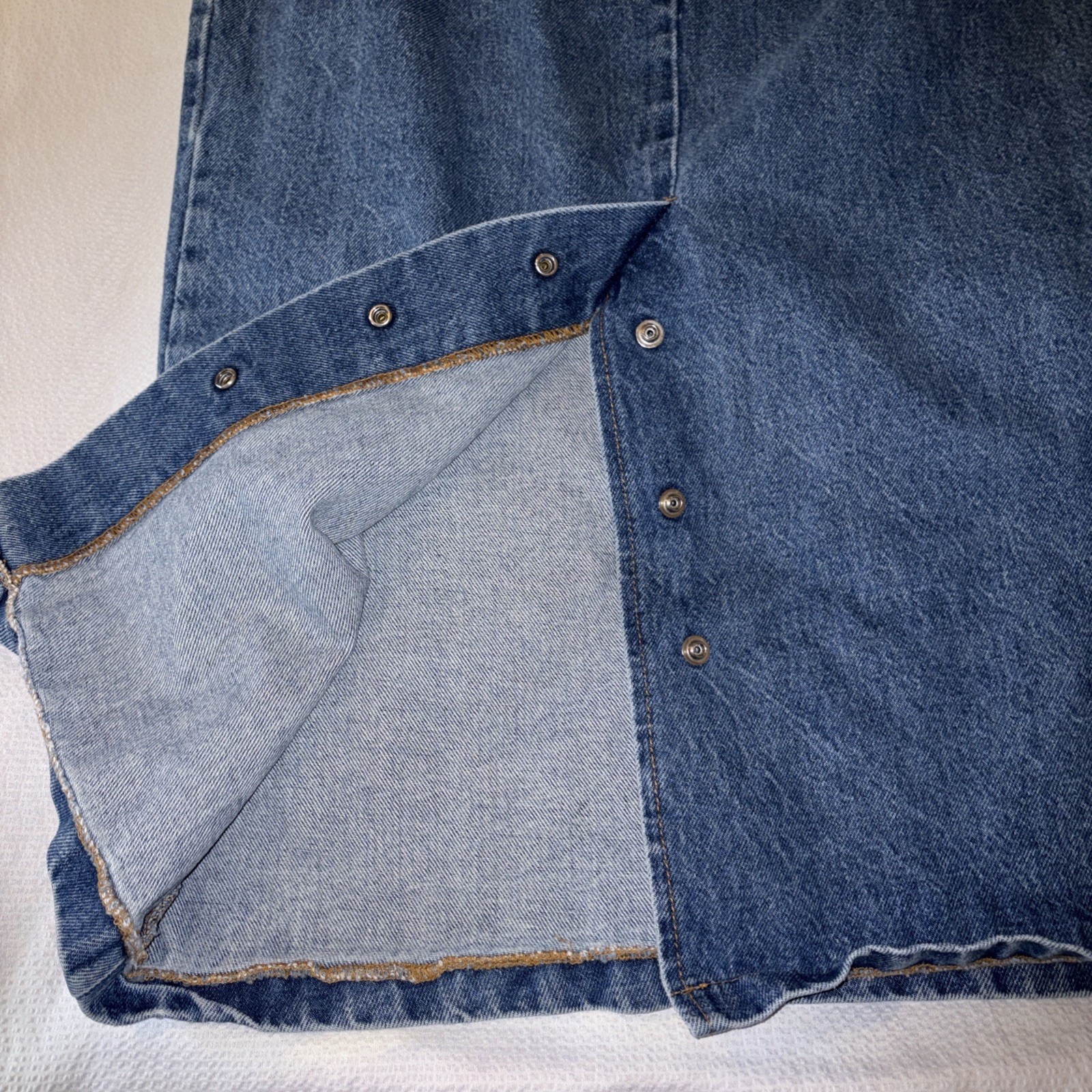 VTG 80s Stuffed Shirt Jeanswear Denim Maxi Skirt Made USA Bronze Snaps Sz 13/14