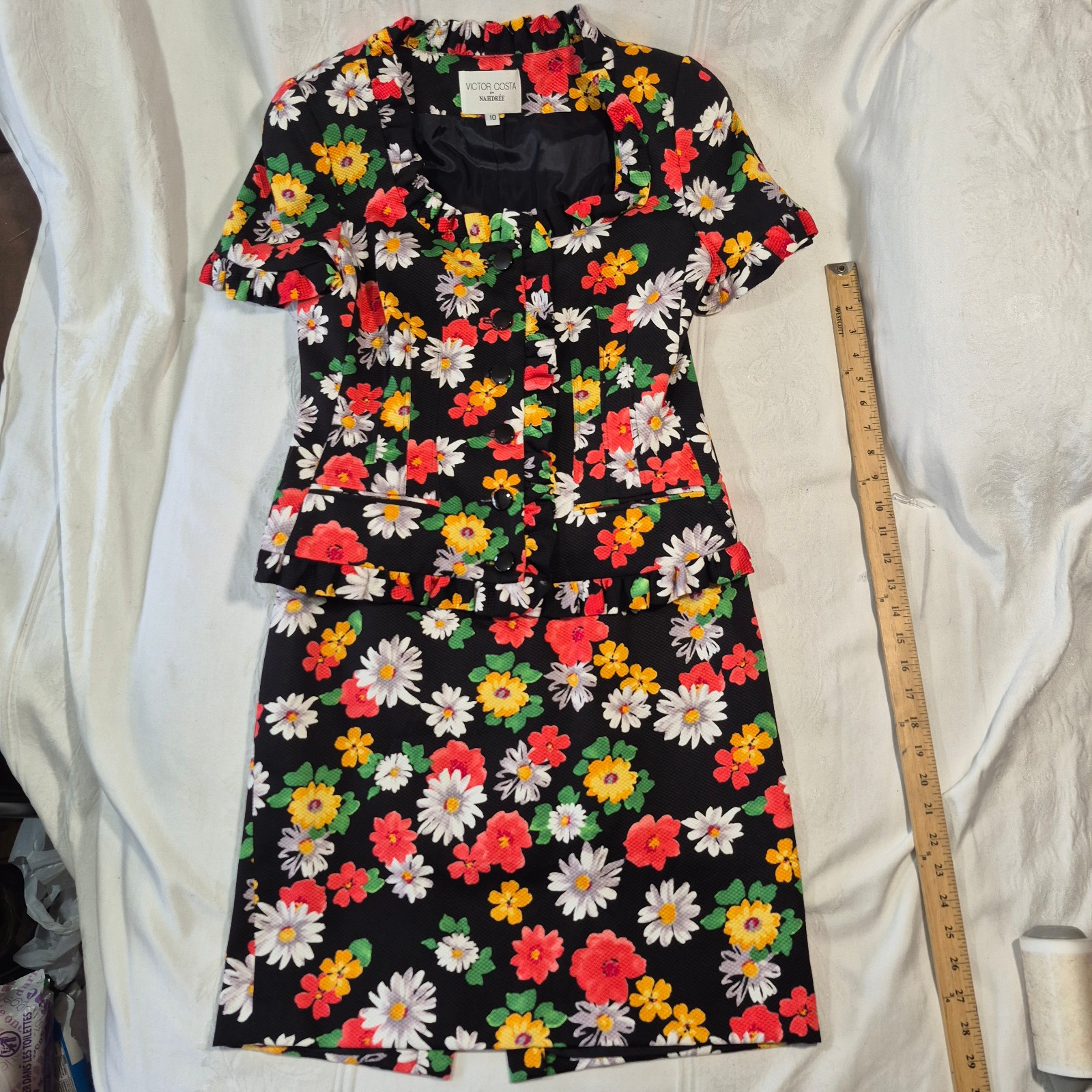 Vtg Victor Costa Skirt Suit Set Black Floral Daisy Ruffle Peplum Sz 10 MINT