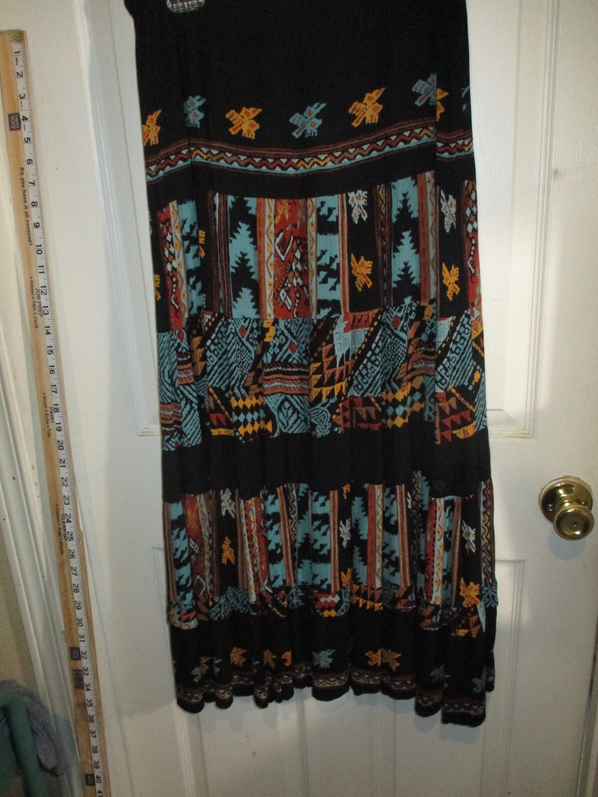 Vintg Carole Little St Tropez West Rayon Gauze Maxi Black Turquoise SW Print M-L
