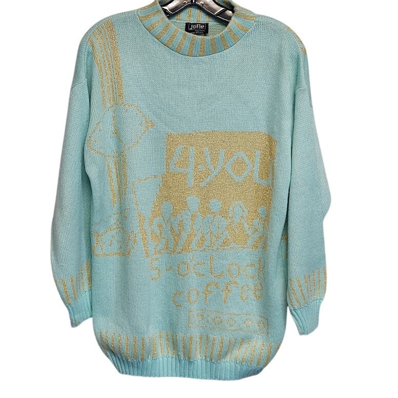 Vintage Jolie New York Aqua Gold Metallic 5 O’Clock Coffee Knit Sweater 80s USA