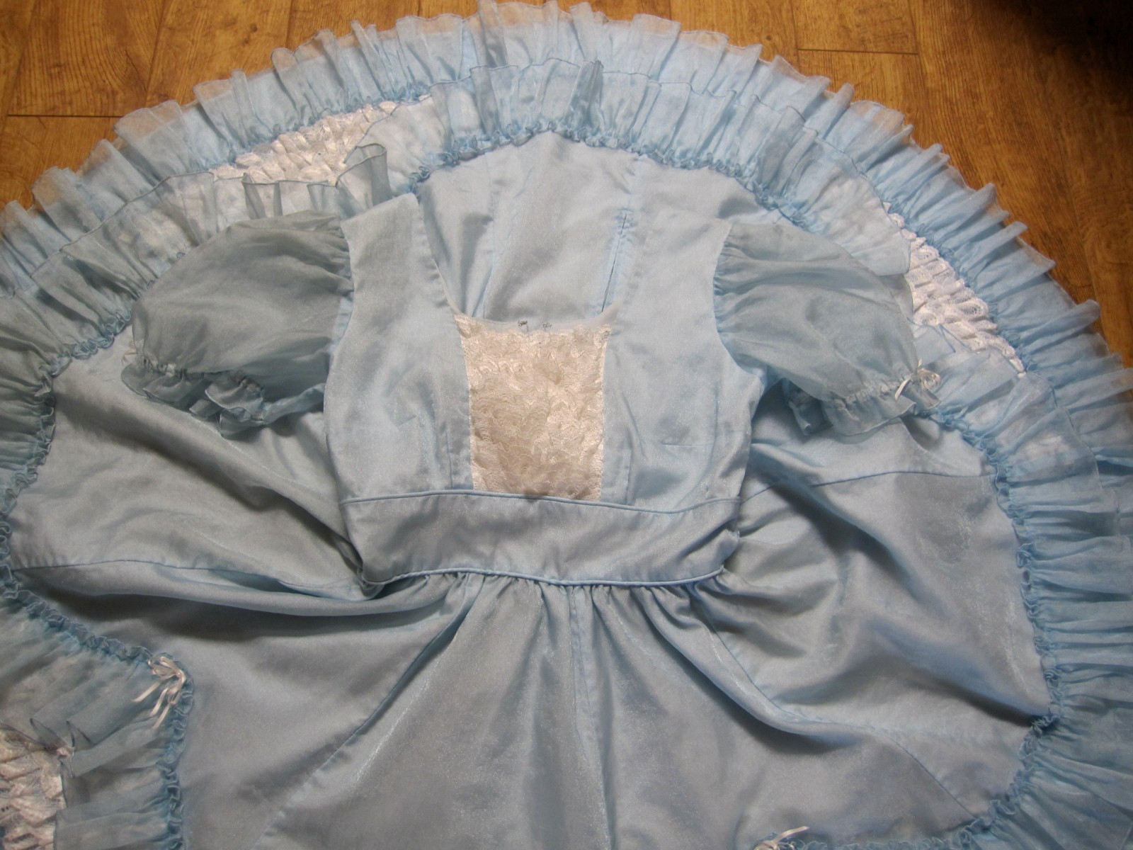 Vtg SQUARE DANCE PRAIRIE DRESS Blue Organza Ruffles Rows of White Lace Sz 12/14