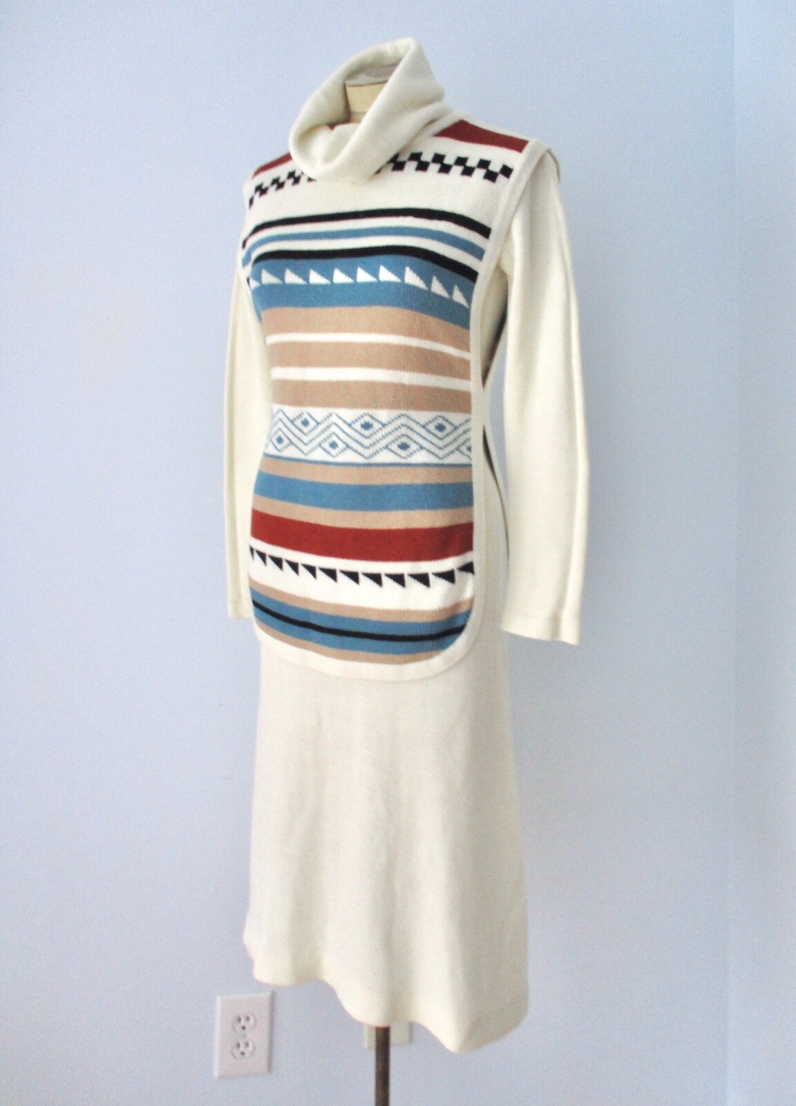 Vtg 70s Ivory 2-Pc Disco Cowl Neck Sweater Dress Blue Tribal Stripe Tunic Vest 8