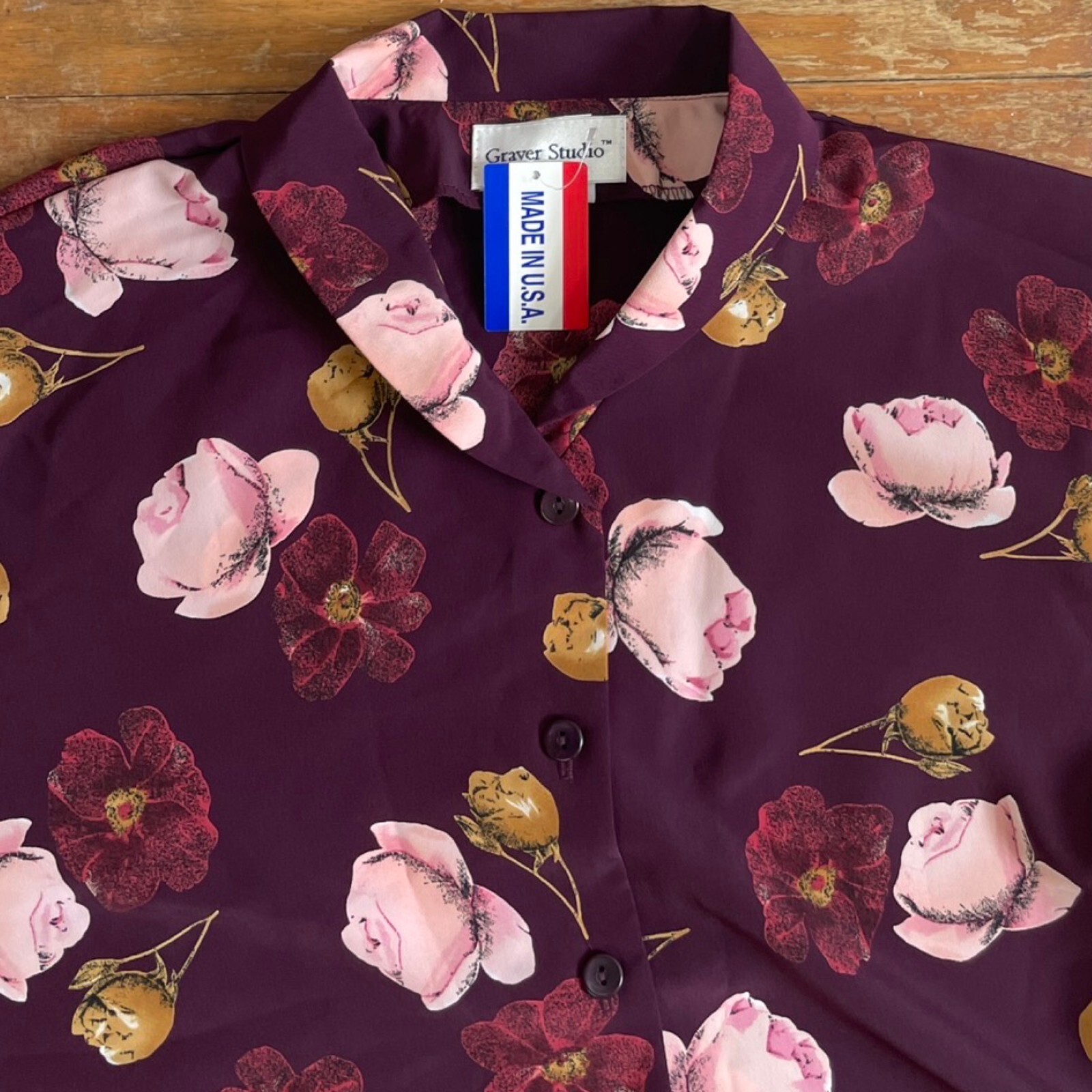Vintage Floral Print Blouse Size Large/XL 1990s Deep Red/Purple Collared Shirt