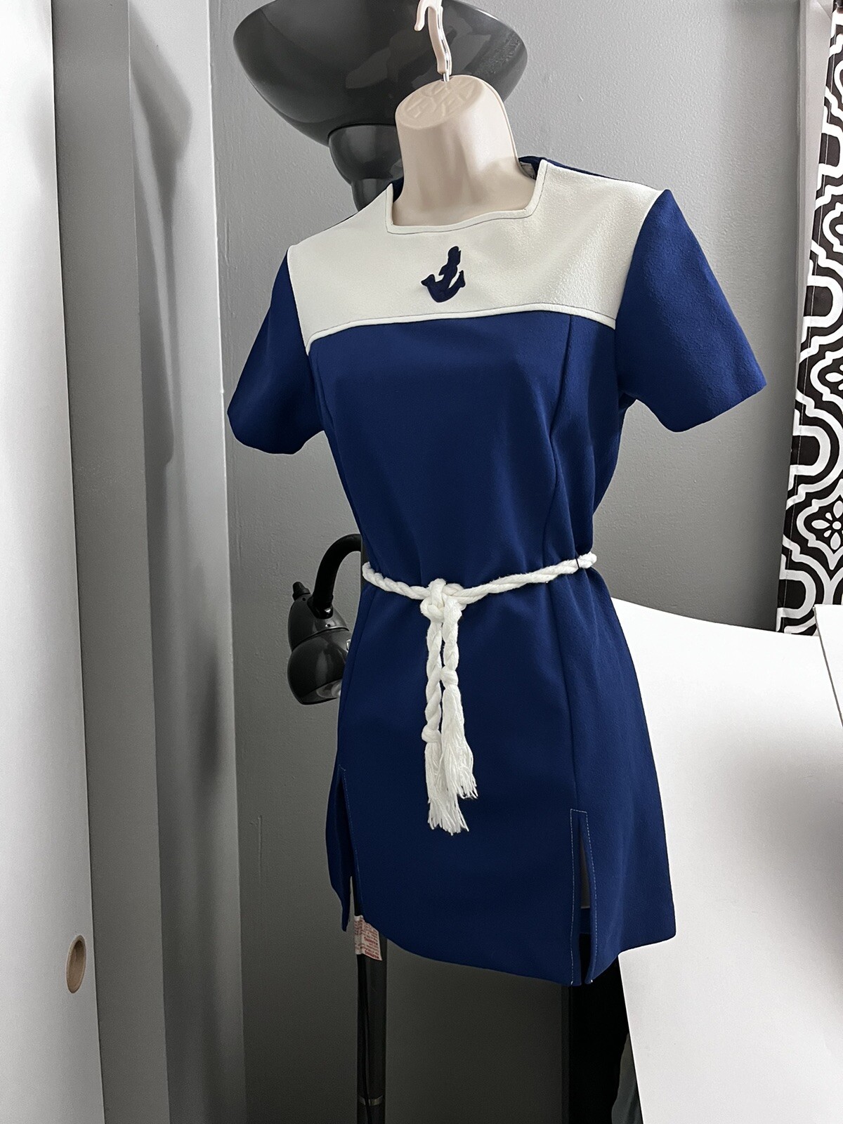 1970s Retro MINI DRESS-Navy Look-Anchor Motif-Side Slits-Braided Rope Belt-Sz 8?