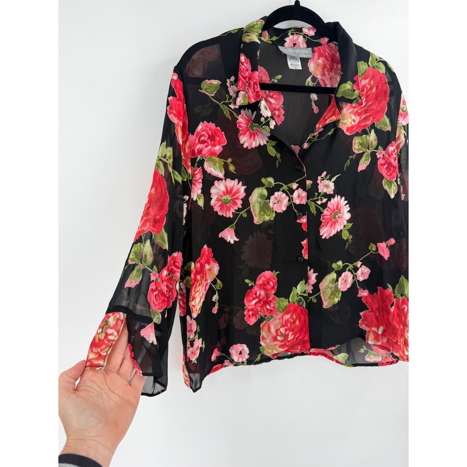 Carol Anderson Floral Blouse Women 16 Black Pink Rose Sheer Rayon Cottagecore