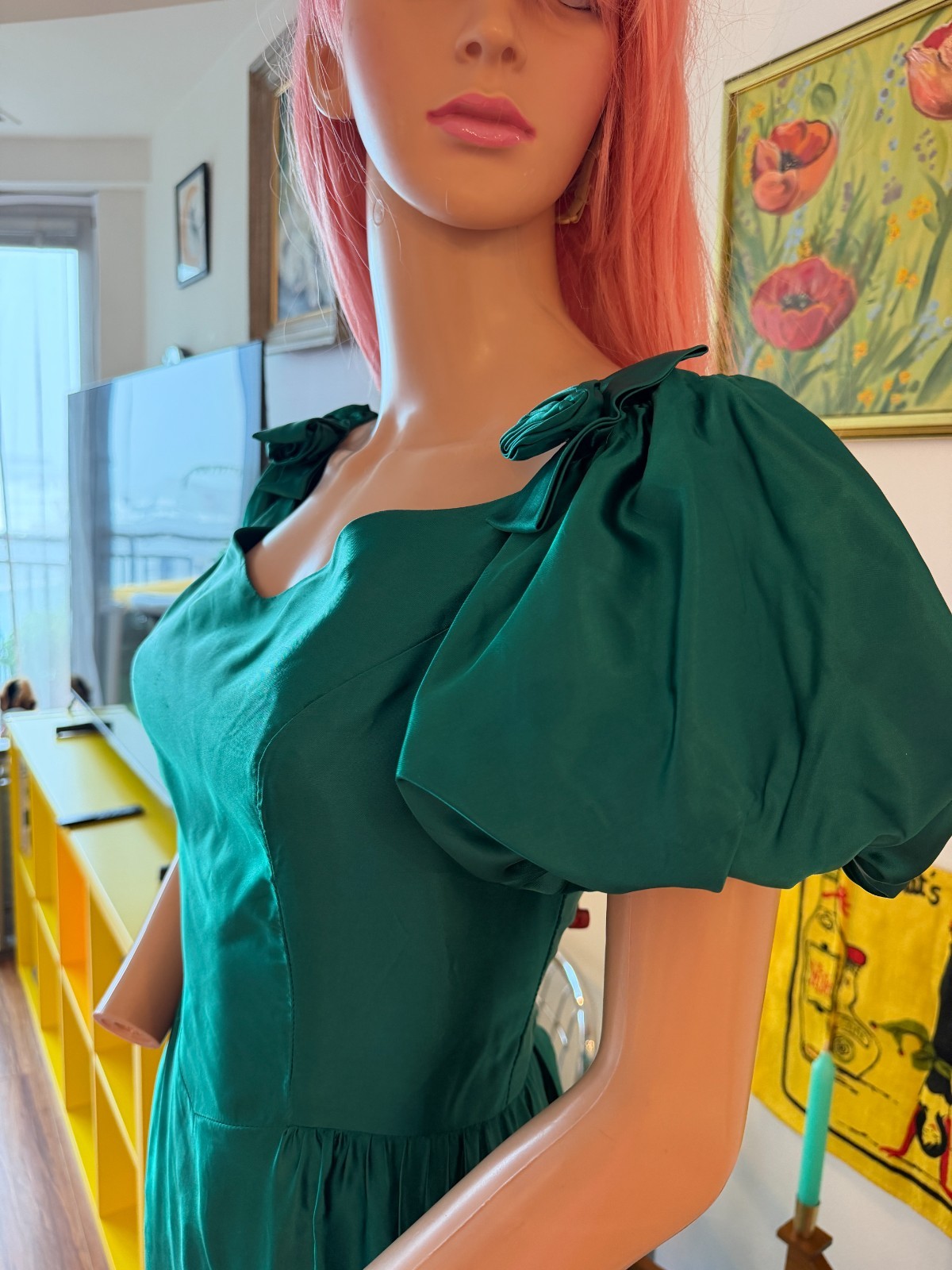 💚 Vtg 80s Party Prom Emerald Green Taffeta Gown Puff Slv Ballgown Prom Dress M