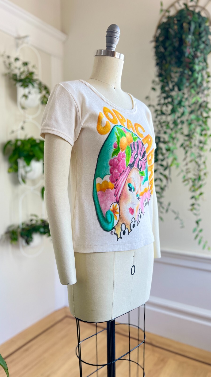 Vintage 1970s 70s Hand Painted Copacabana Carmen Miranda Wearable Art Tshirt Tee