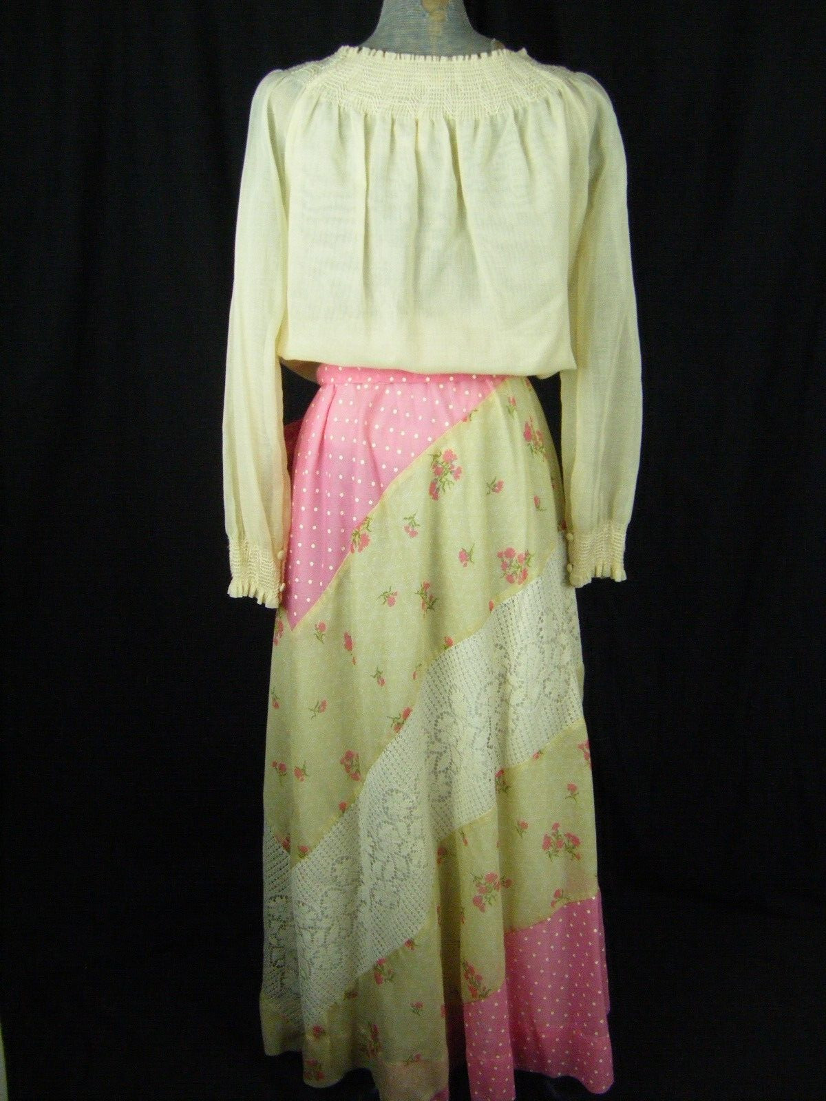 CHESSA DAVIS Vtg 70s Ivory/Pink Romantic Blouse Belt & Skirt-Bust 45/Waist 25-30
