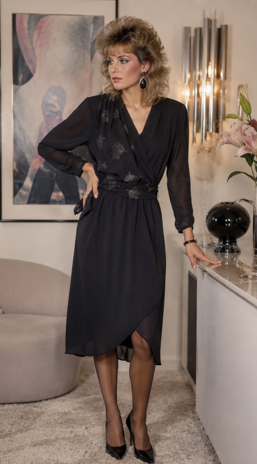 Vintage 80s Black Chiffon Faux Wrap Dress Sally III Disco Cocktail Chic sz M