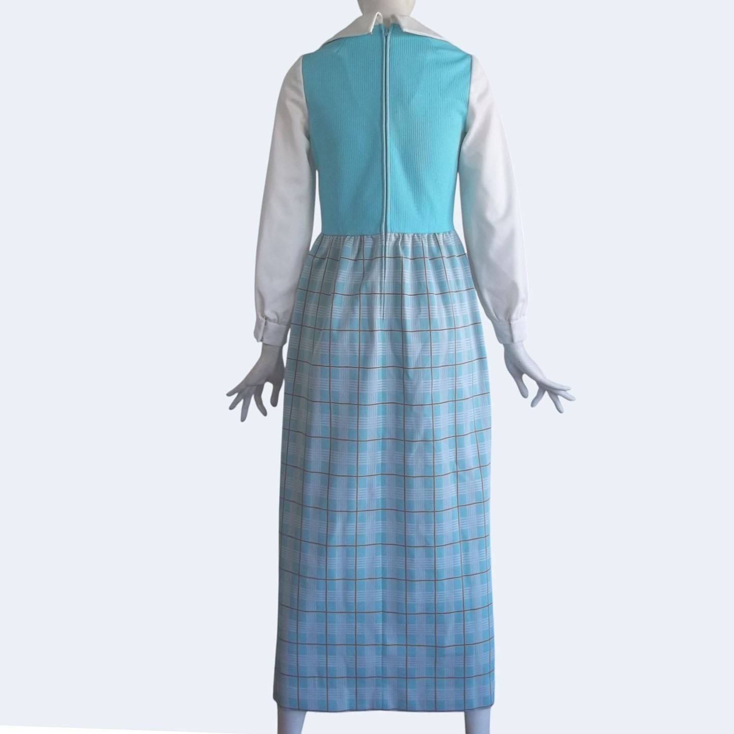 Vintage 70s Ayres ILGWU Tag Dagger Collar Plaid Skirt Double Knit Maxi Dress XS