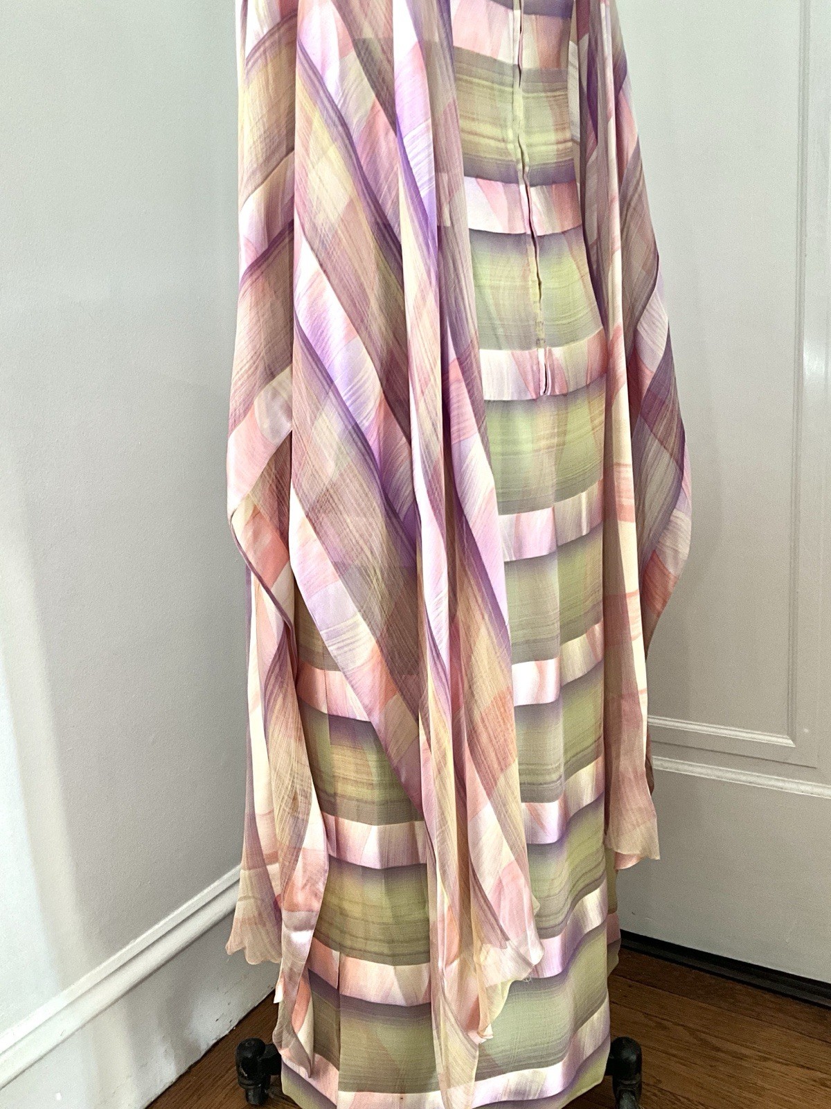 Vintage 1976 Jean Hercey Pink and Celadon Silk Combed Chiffon Dress