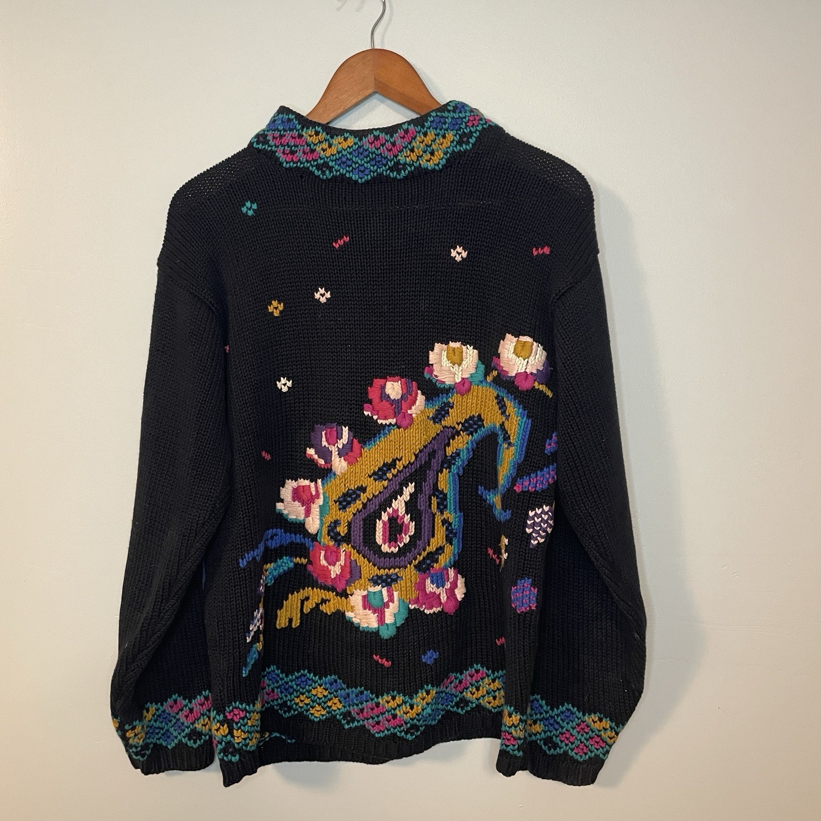 Vintage Smith-Forester 100% Cotton Sweater Pullover Black Colorful Sz Small