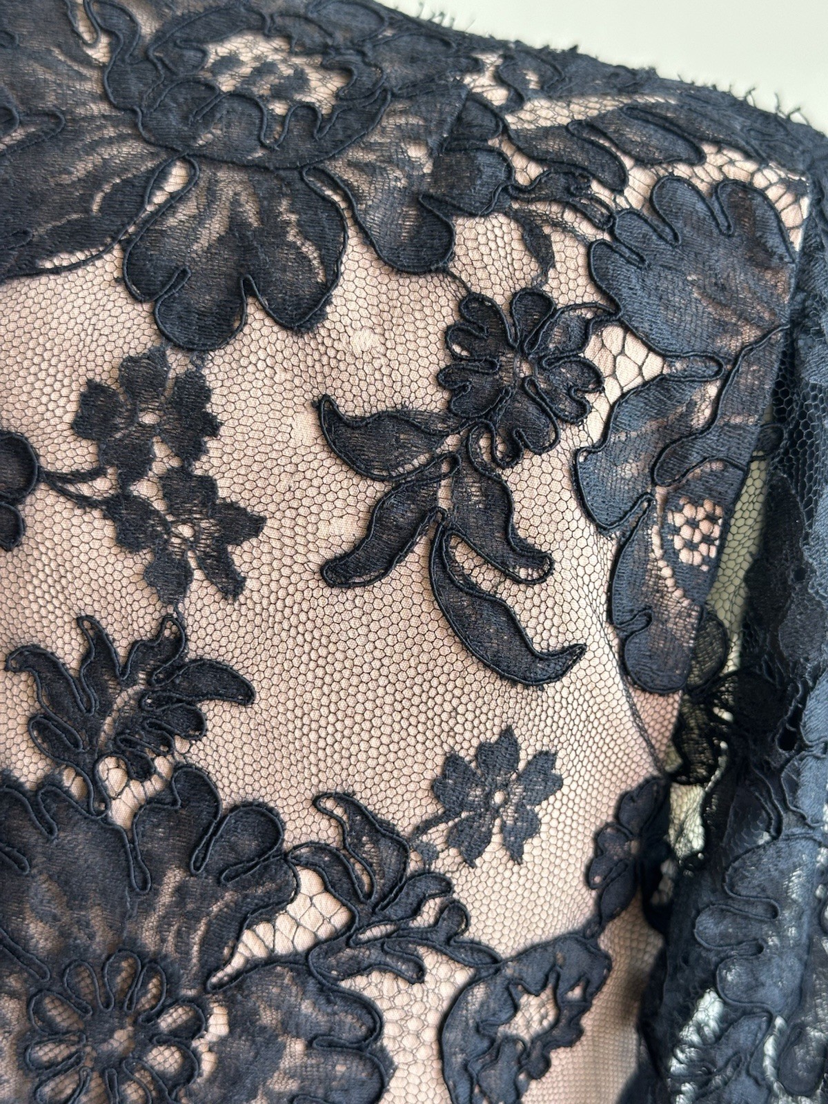 1960s Black Nude Gothic Corded Chantilly Lace Mini Dress Custom Couture As Is S
