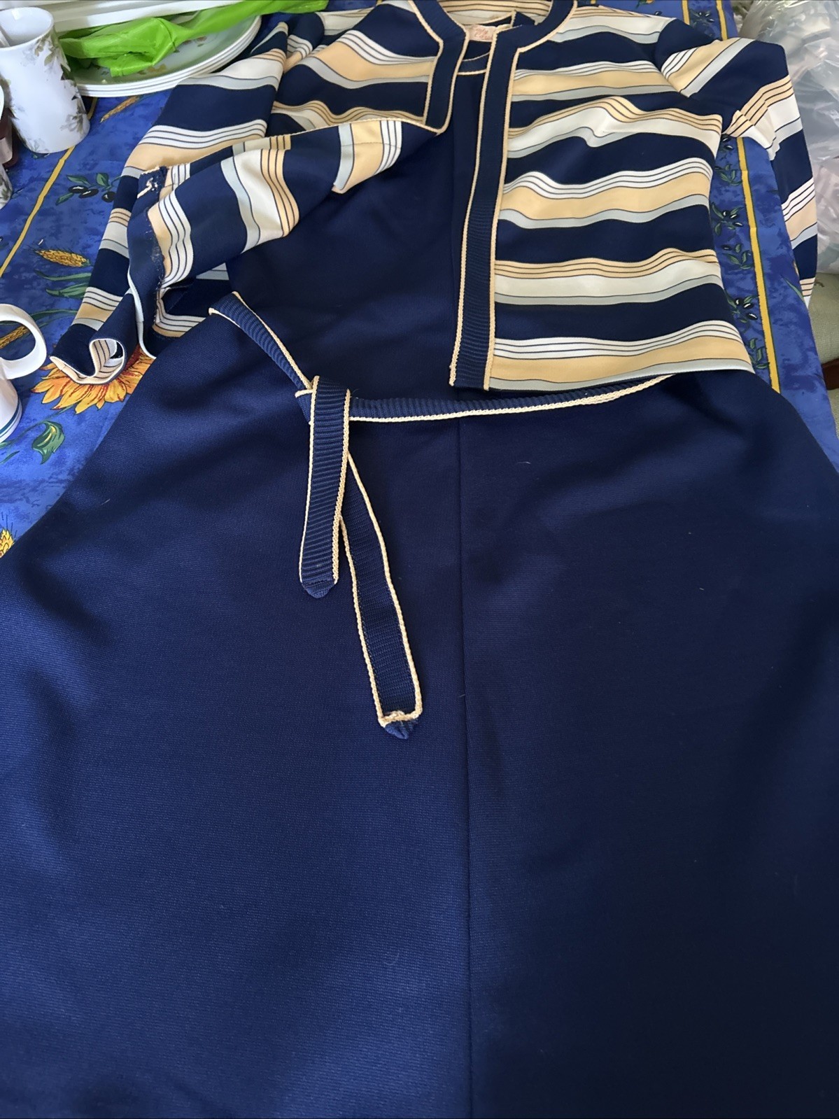 Vtg Lady Carol of New York 2 Pc Navy Knit Dress With Belt & Open Striped Jacket