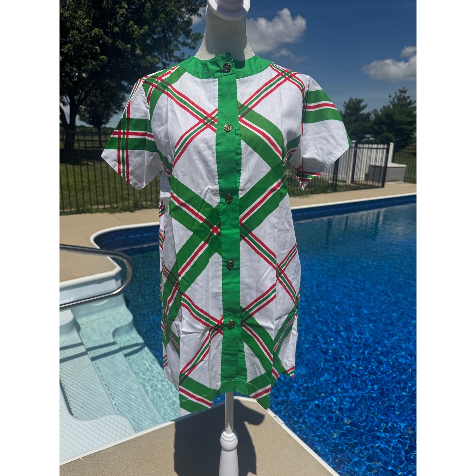 Vintage 60s Lewis Frimel Mod Plaid Shift Dress Bloomers Set Green Red Small