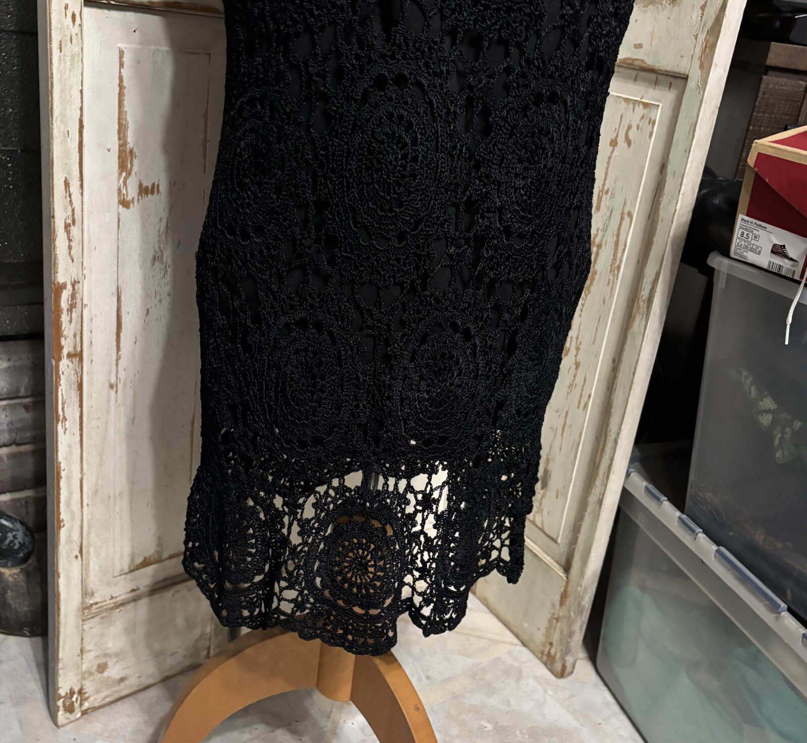 VTG Kroshetta by Papillon Black Floral Crochet Lined Tunic Top L Cruise Wear