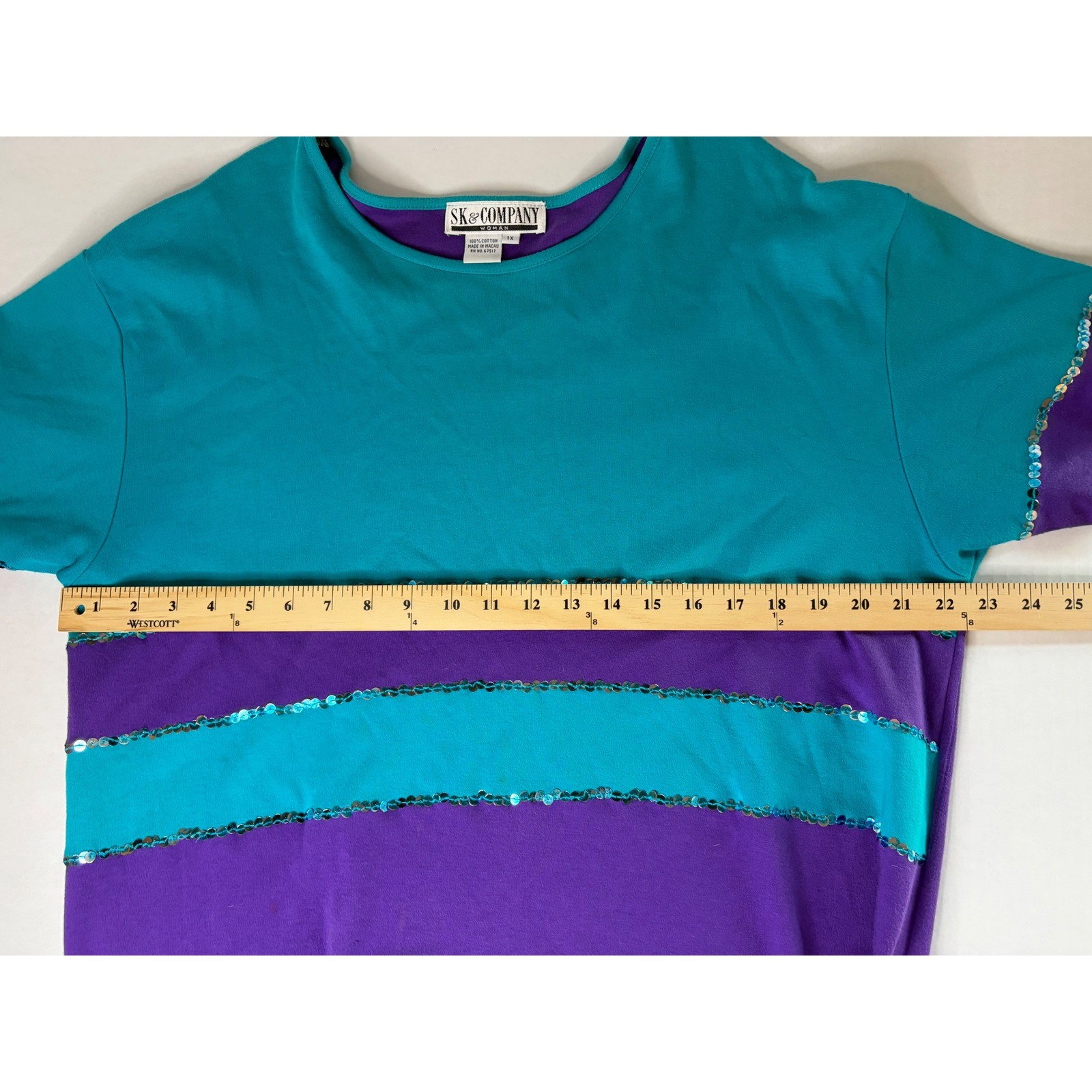 SK & Company Vintage Teal Purple Color Block Sequin Cotton Top Plus Size 1X