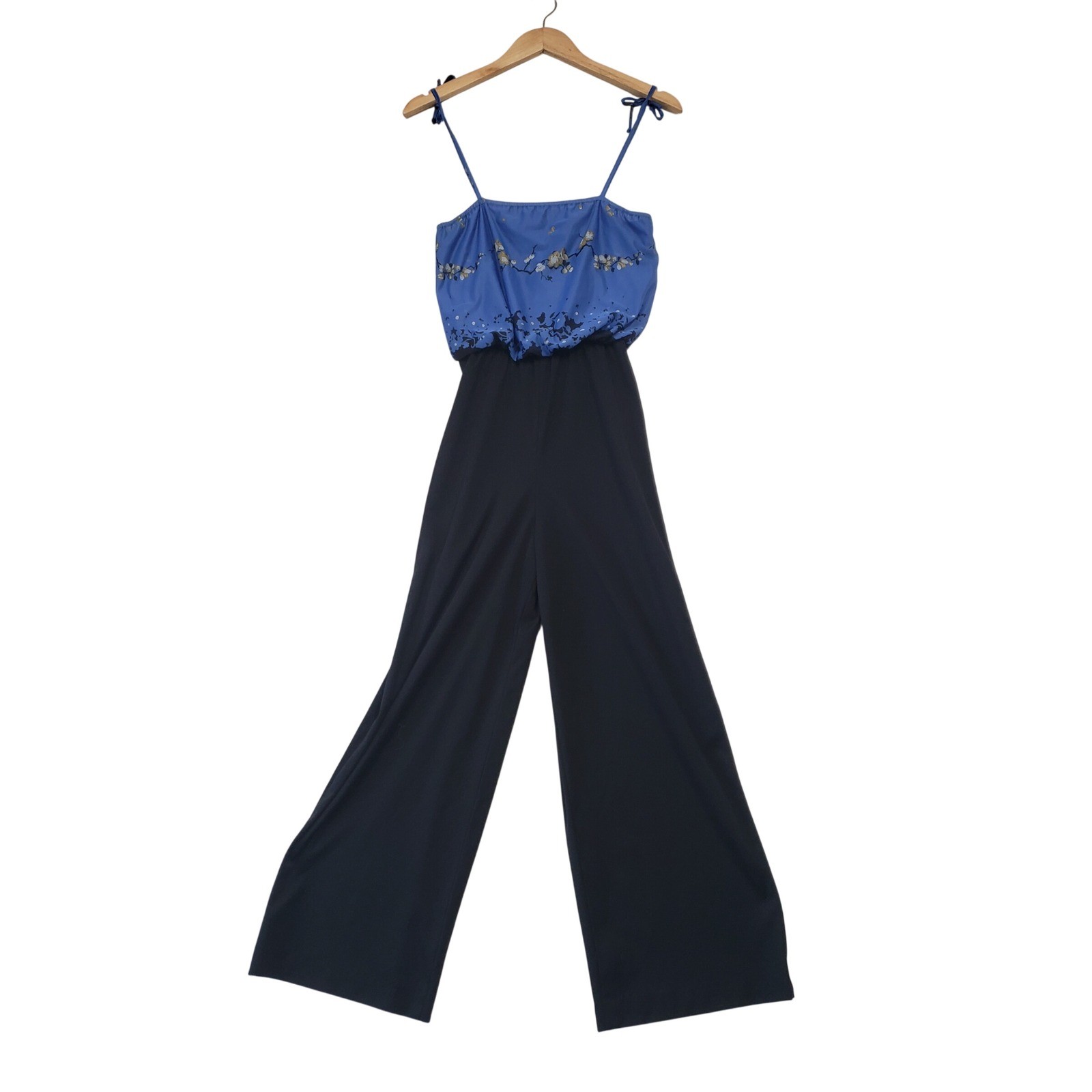 ILGWU Jumpsuit Womens XS Blue Black Floral Wide Leg Vintage 70s Disco Tie Strap