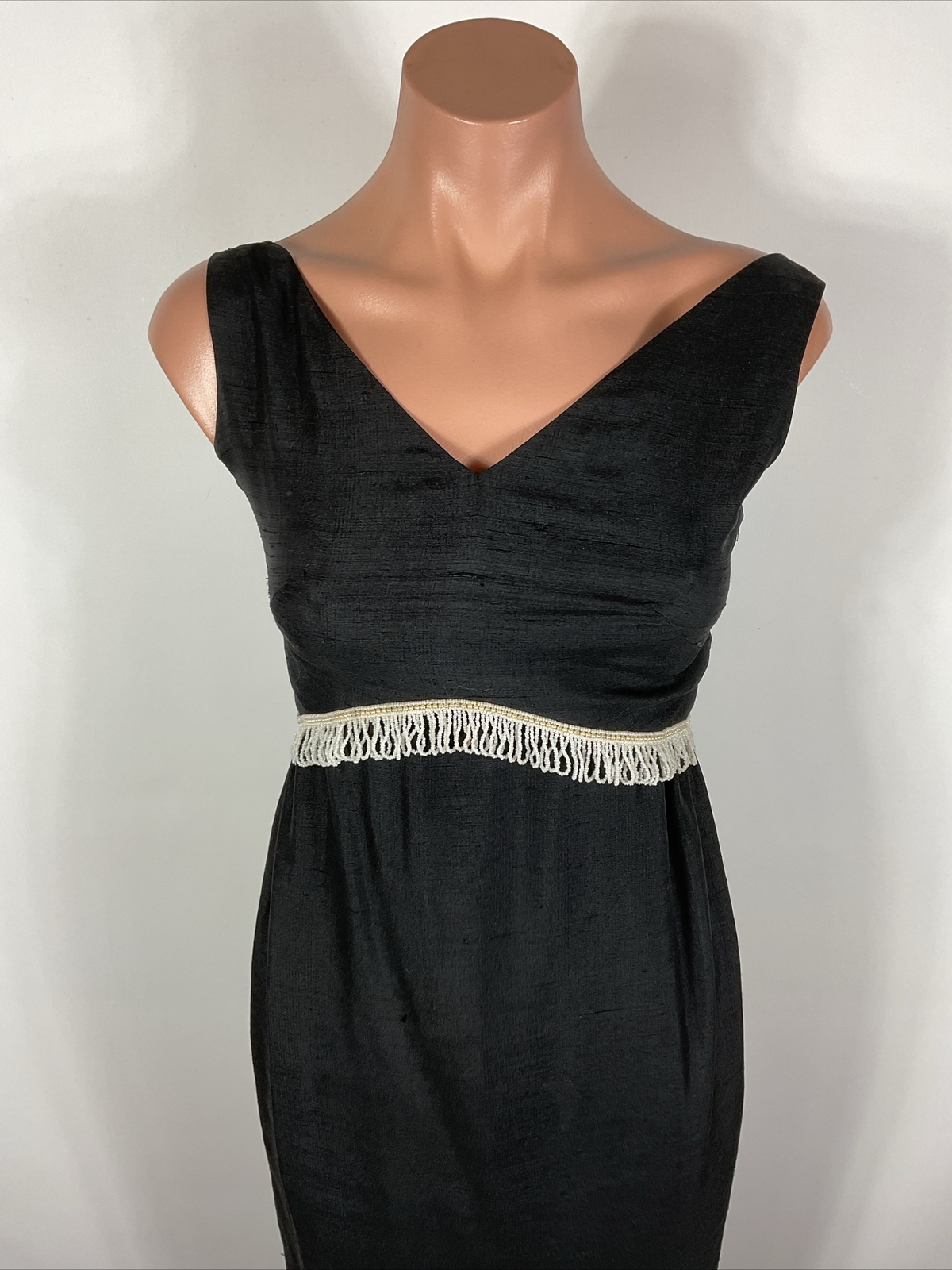 Vintage 60s Cocktail Party Sheath Dress BEADED FRINGE Little Black Dress XS/S