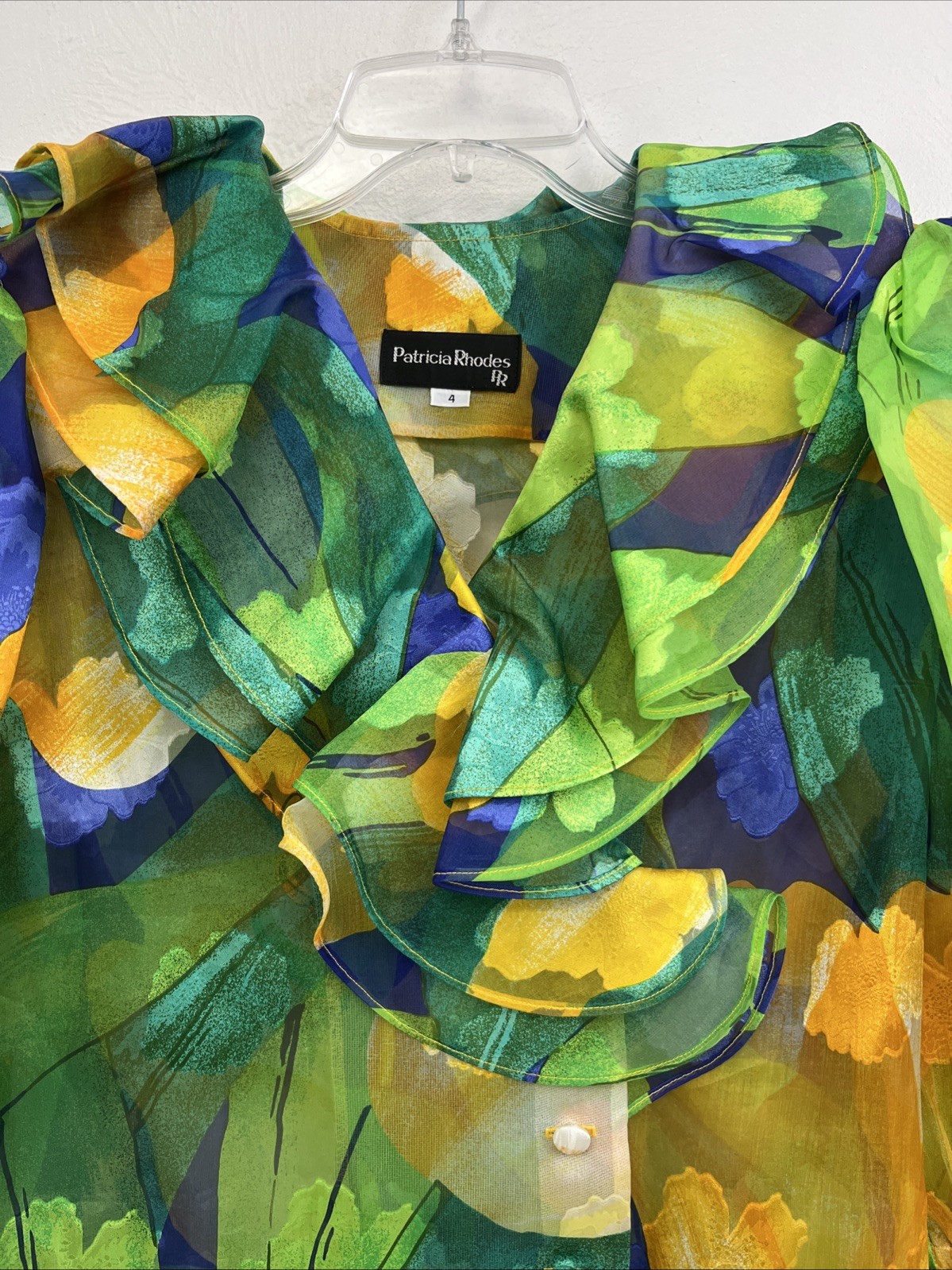 Patricia Rhodes PR Top Size 4 Silk Sheer Ruffle Neck Couture Blue Yellow VTG 80s