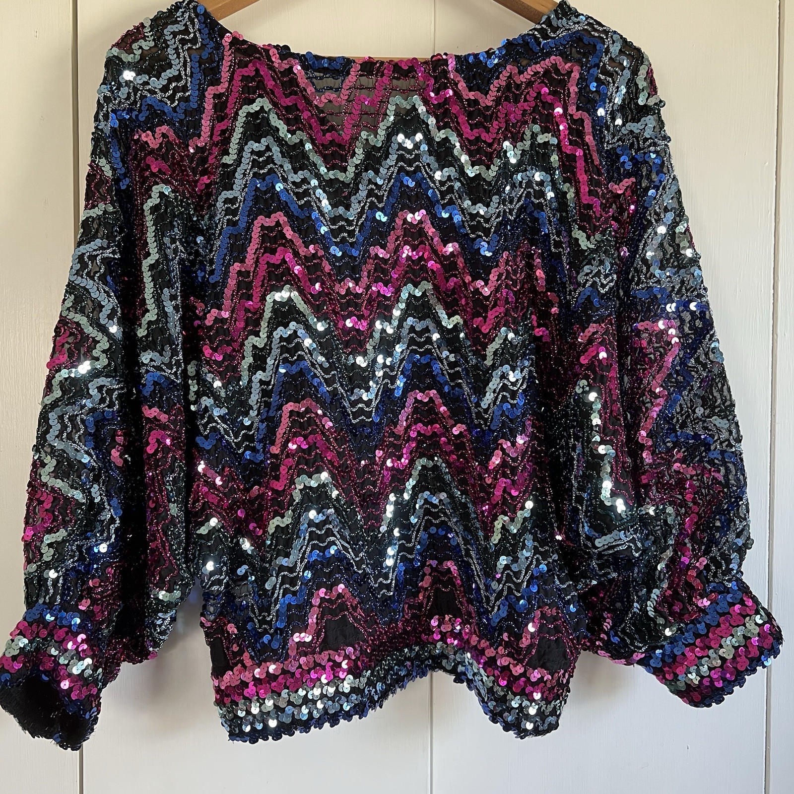 Vintage Rob Hill for Mister Jay. Sheer Beaded Sequins Dolman Disco Top Lrg