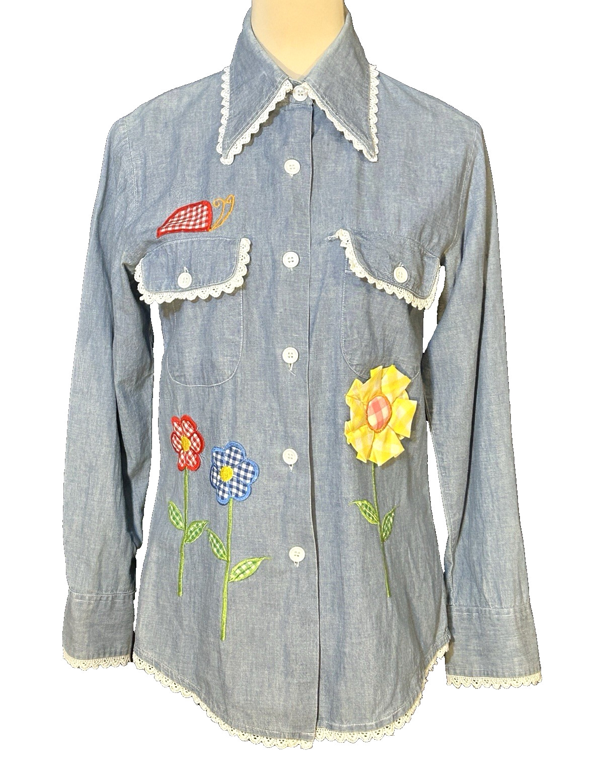 Vintage 70s Boutique 3D Patchwork Chambray Shirt Floral Appliques Denim Blouse