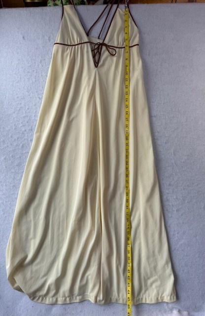 Vintage 70s Dutchess Yellow Nightgown Slip Fairy Whimsy Sz 11 V Neck Brown Tie