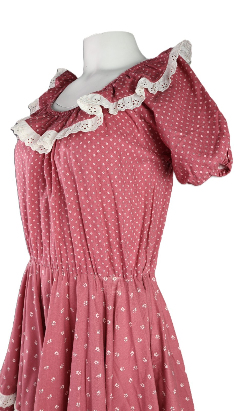 VTG 60s 70s US 2 4 6 8 S M Square Dance Prairie Ditzy Print Lace Midi Dress Pink