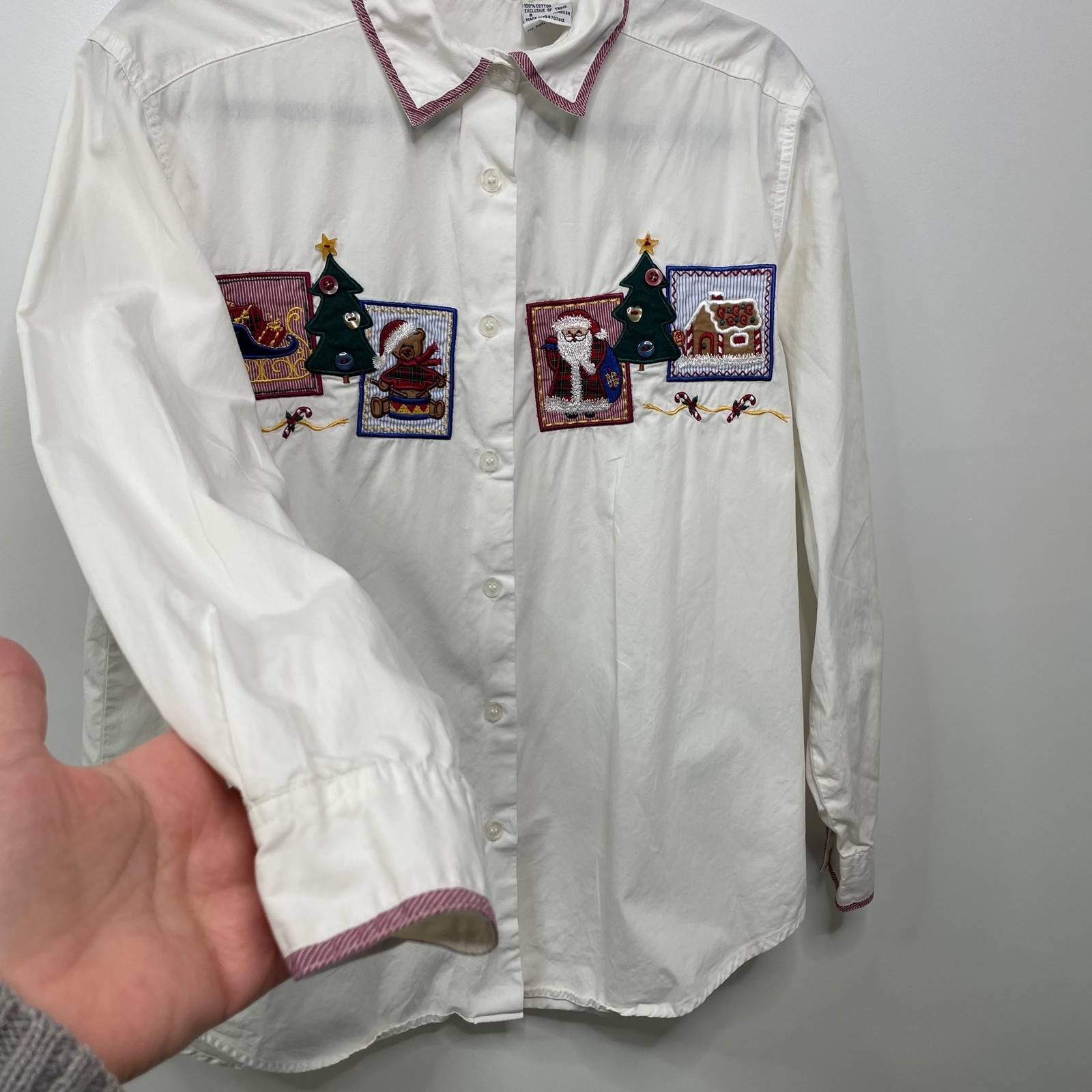 Vtg 90 Christmas Holiday Embroidered Button Down Shirt White Size S Cottage Gram