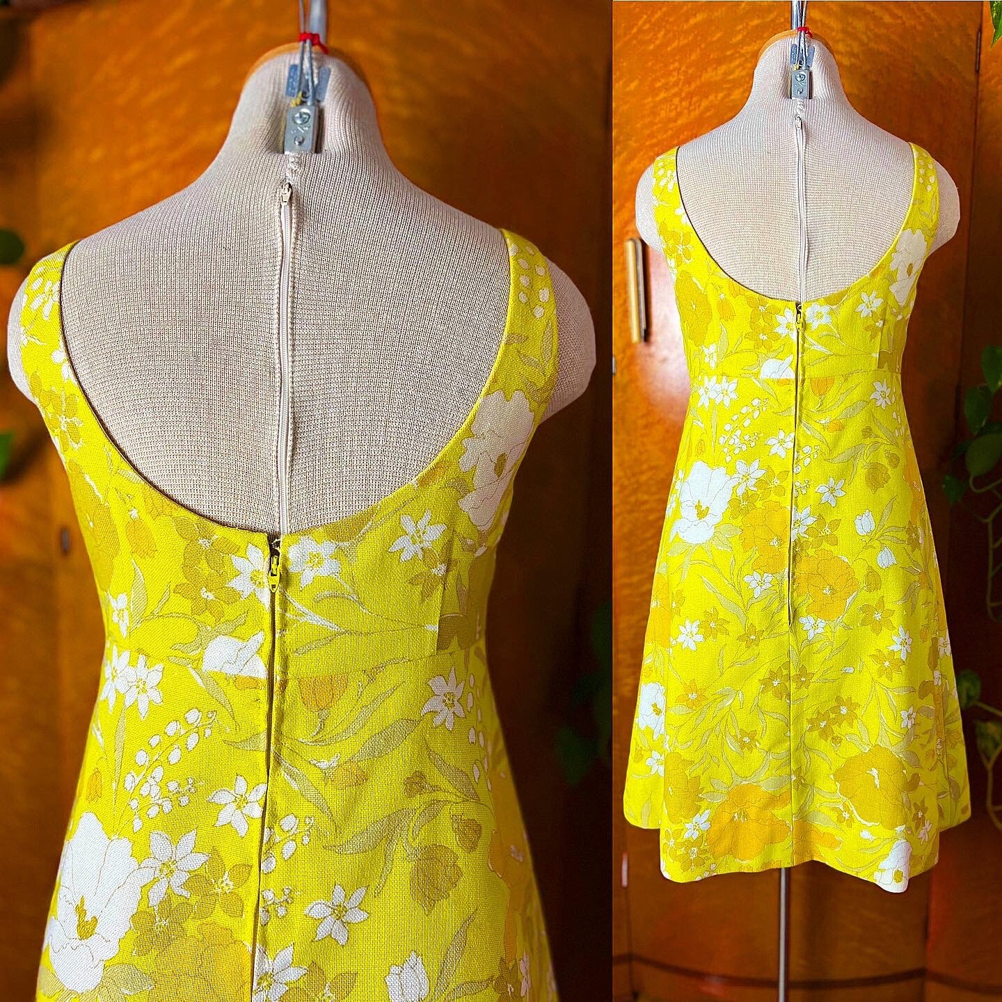 YELLOW LINEN 60s 1960’s Vintage Mod Floral Mini Shift Go Go Dress Sundress S M