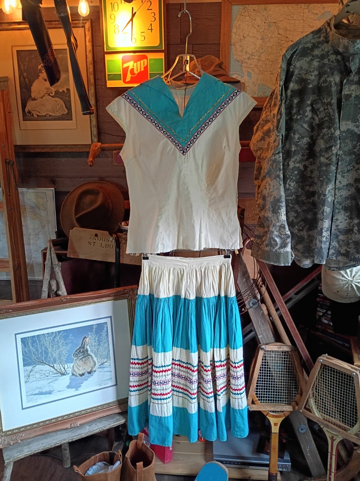 Vtg Mexican Patio Peasant Dress 2 Piece Skirt Blouse Ric Rac Trim Full Circle