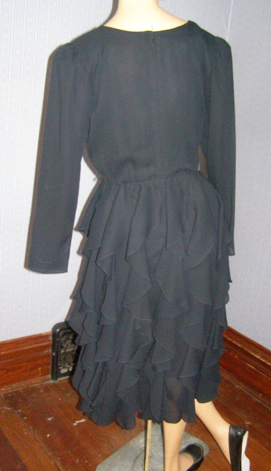 Vintage 80’s simple black semi-sheer TIERED RUFFLE dress S M chiffon evening