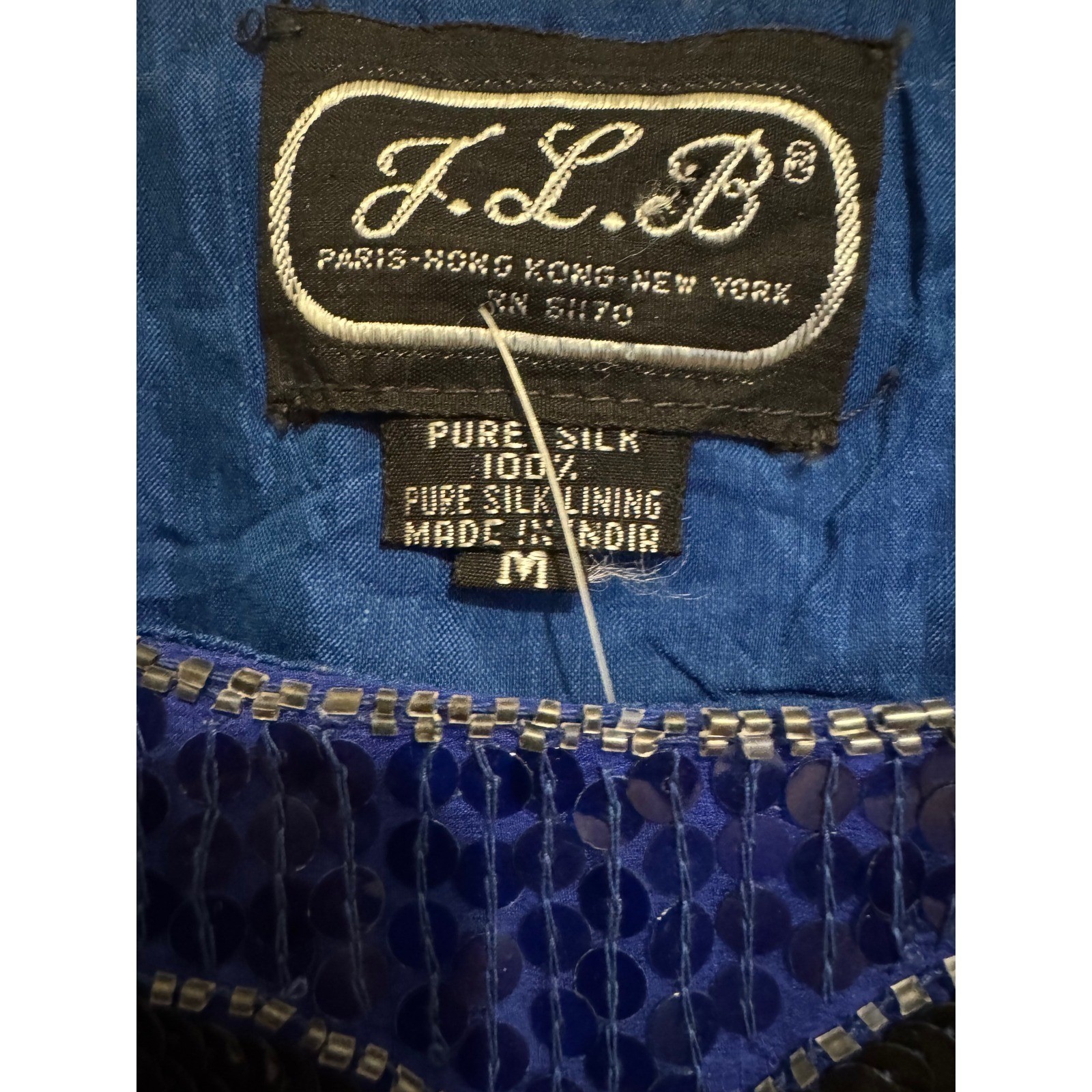 NEW Sequin Blouse Women’s Medium Blue Silk Top Deadstock Vintage Glam Sparkle