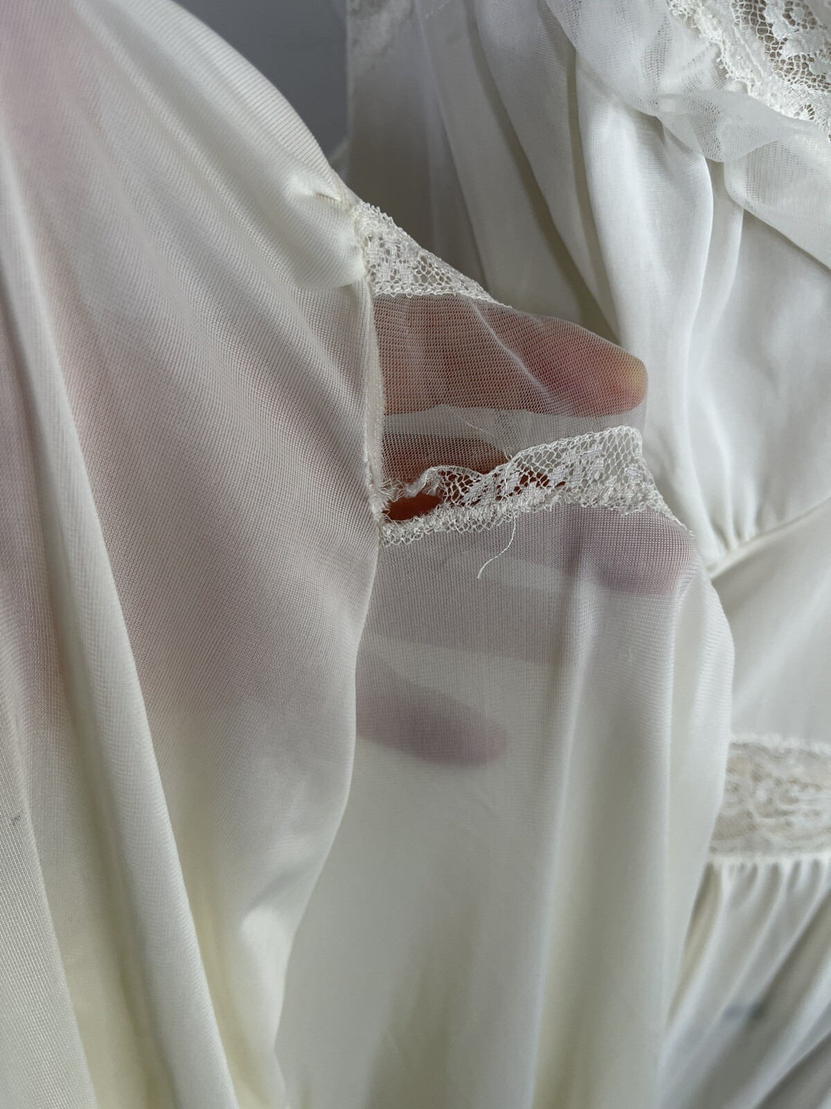 Vintage Dorella Long Ivory Nylon chiffon Full Nightgown Penior set Large Flaws