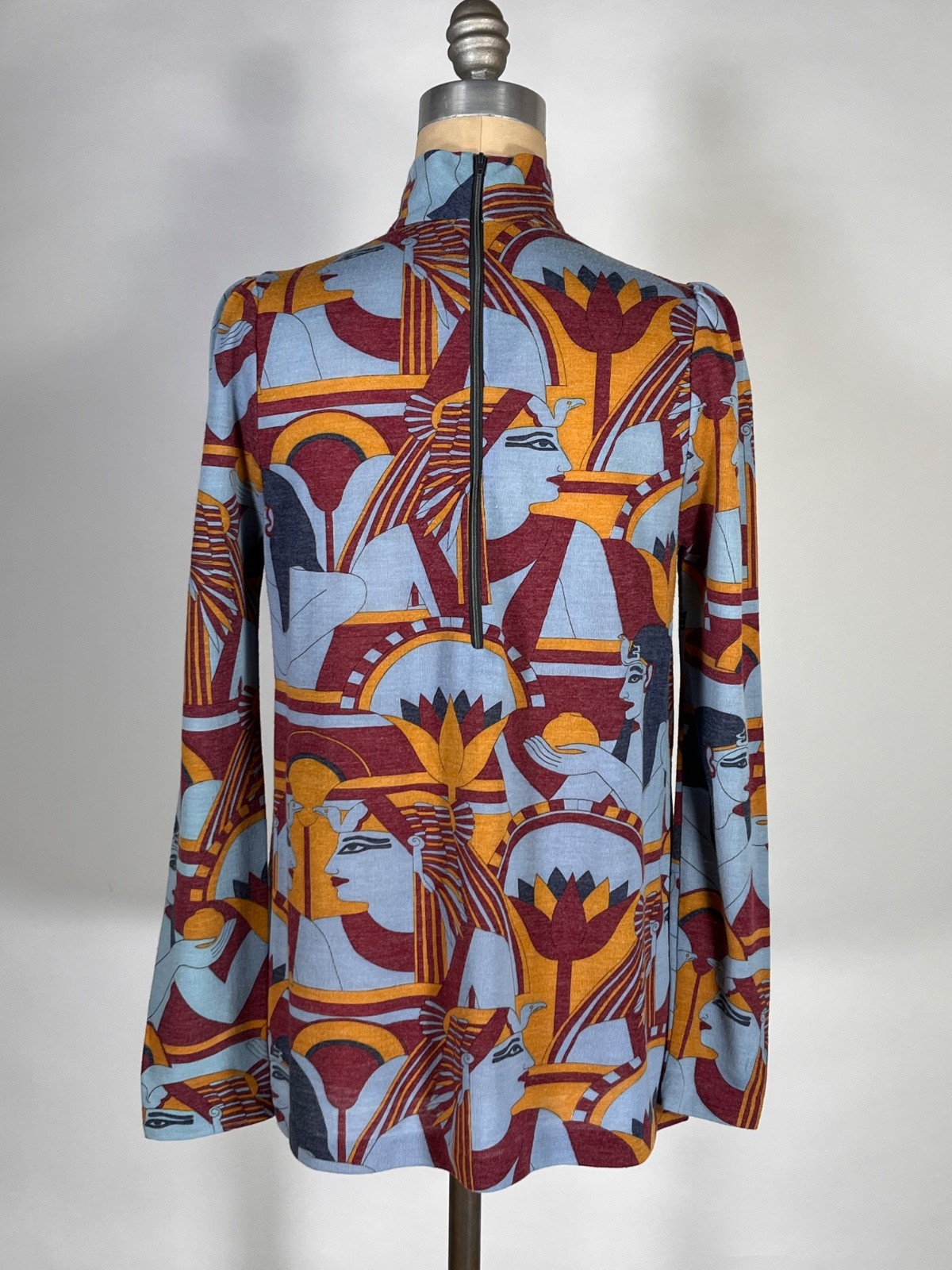 Vintage 1960’s-70’s blue EGYPTIAN print medium-weight knit top by Add 1 Ltd. S/M