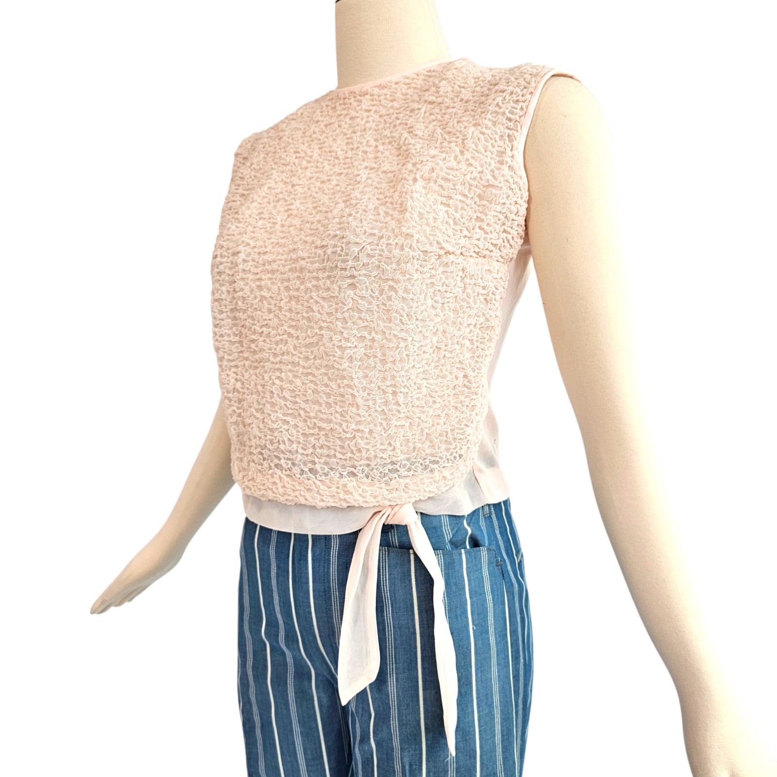 Vintage 1960’s Pink Textured Blouse Top Shirt Majorette Tie Waist Band