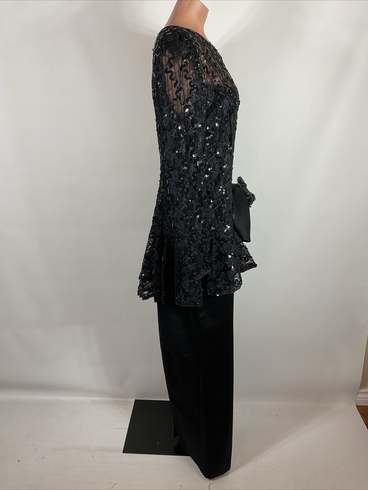 80s VTG Black Sequin Satin Sleeve Prom Party Formal Dress Long Sleeve M/L Bow