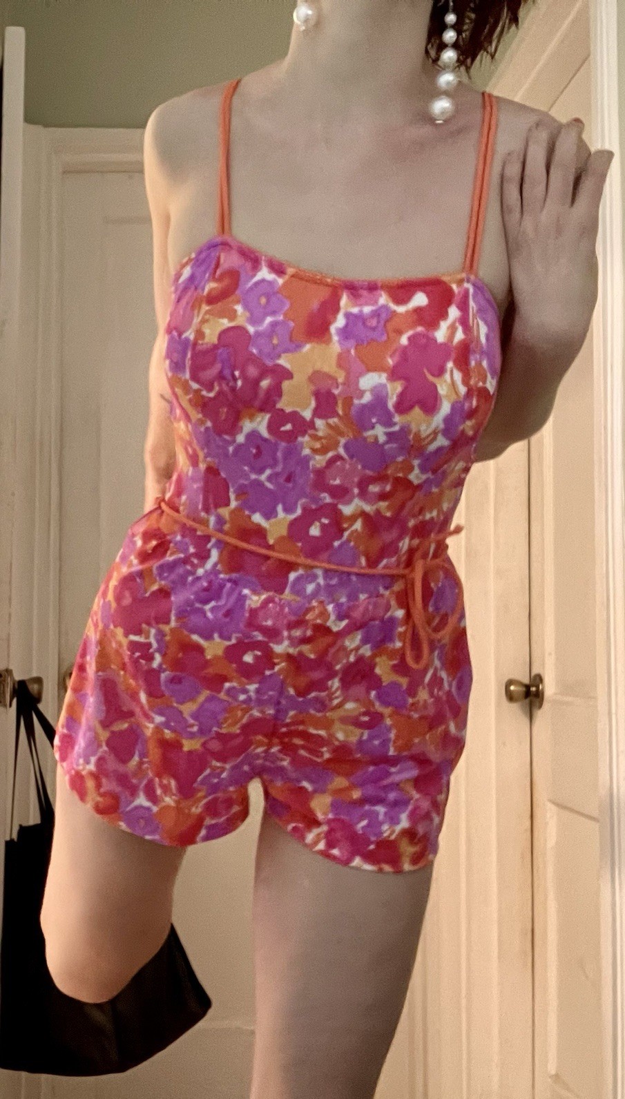 Vintage 70s Pink Orange Floral One Piece Romper Swimsuit made in USA Size Medium