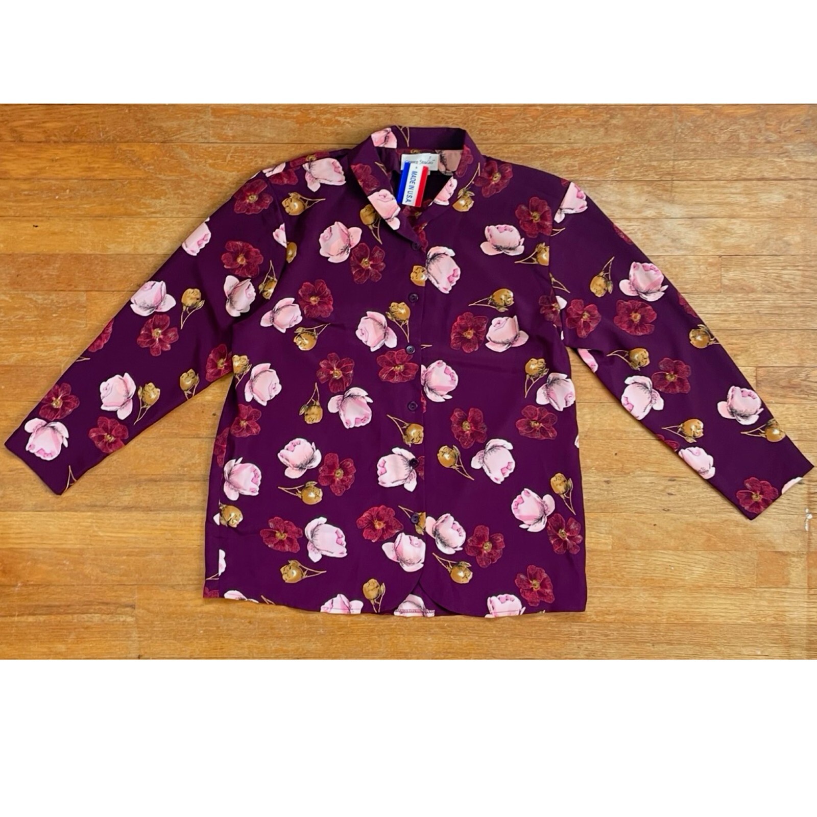 Vintage Floral Print Blouse Size Large/XL 1990s Deep Red/Purple Collared Shirt